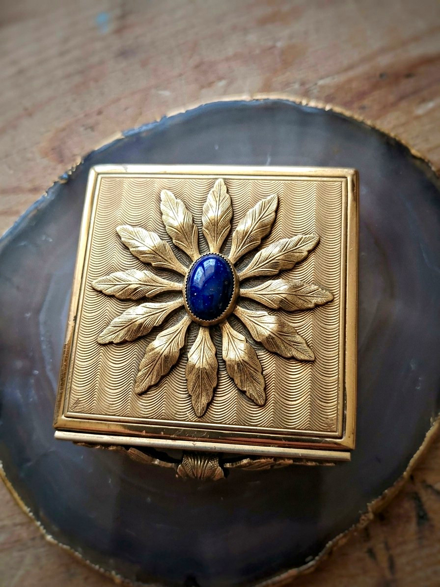 Vintage 1950s S.F. Co. Fifth Avenue Brass Powder Compact Blue Cabochon Flower