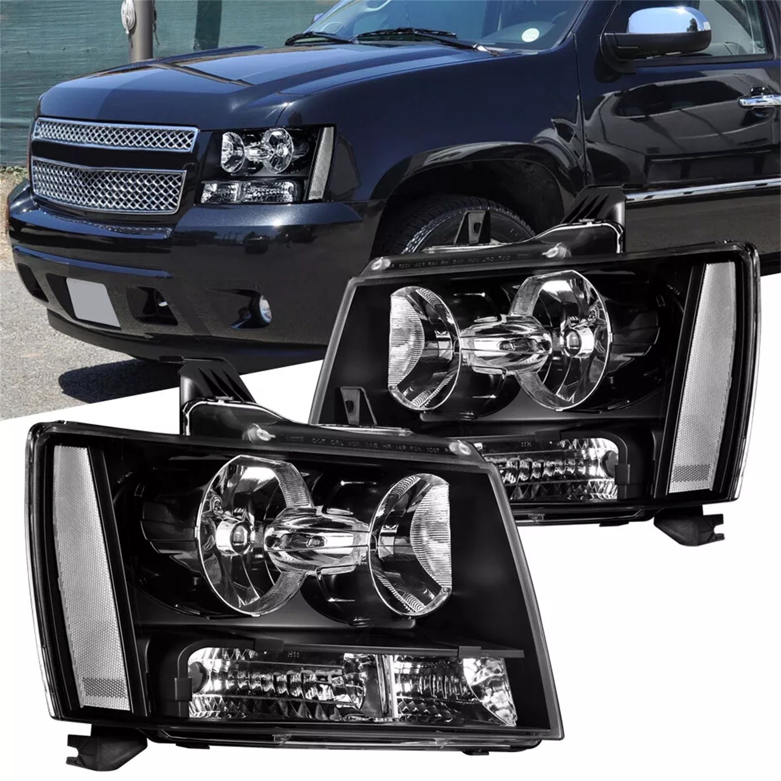 Pair Headlights For 2007-2014 Chevy Avalanche Tahoe Suburban Clear Corner Black