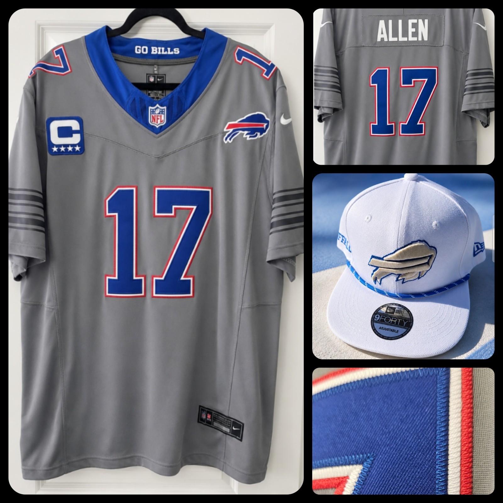 JOSH ALLEN GRAY JERSEY+ HAT 100% FULL STITCHED LARGE NICKEL GREY BUFFALO BILLS