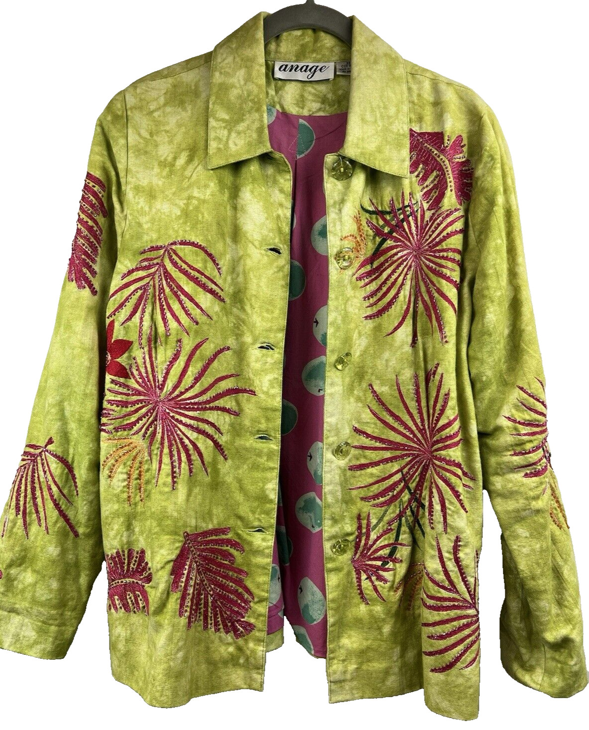 Vintage Anage Jacket XS Oversized Wearable Art Green Pink 100% Cotton Lined Coat
