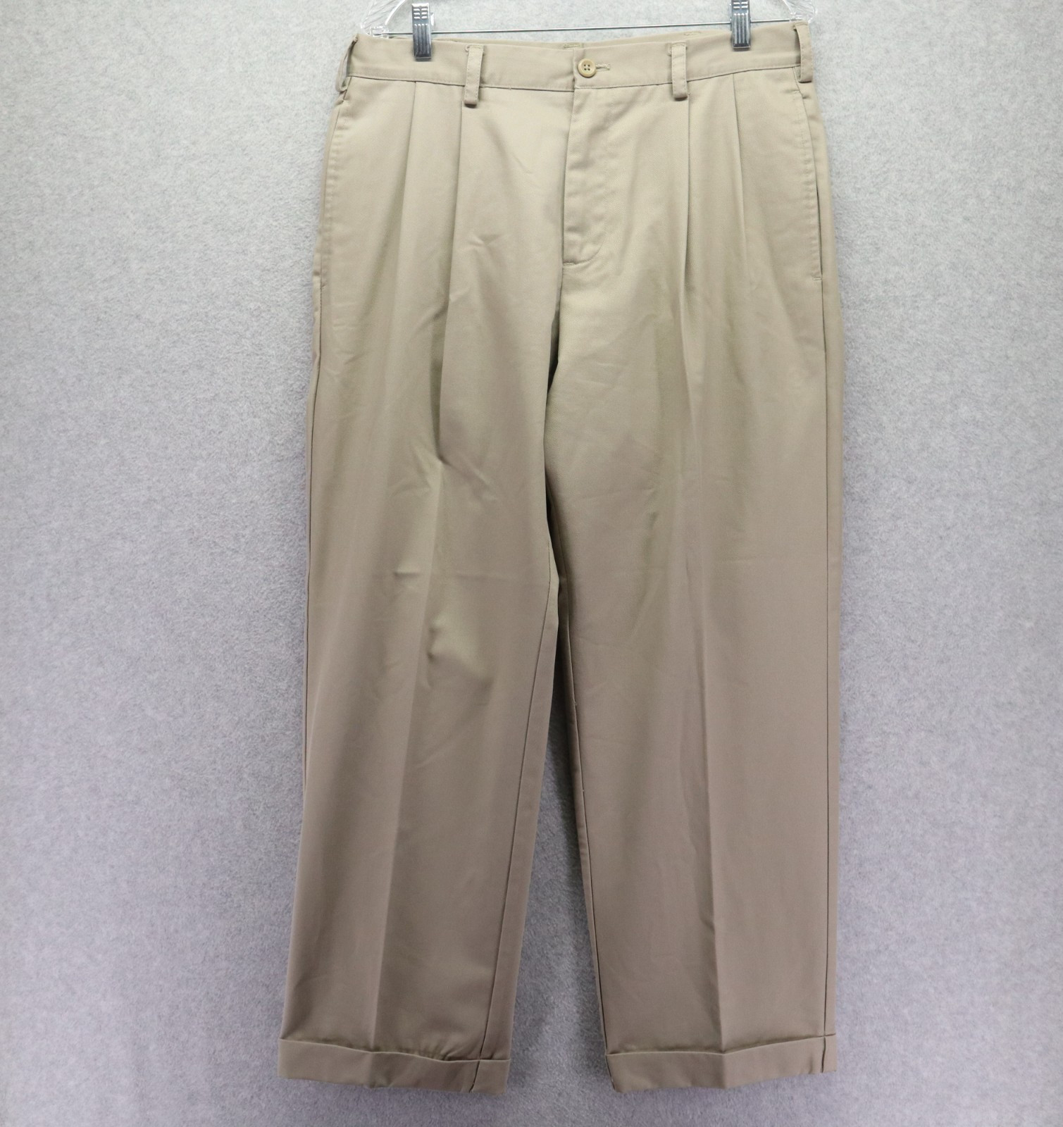IZOD Pants Mens 33x30 American Chino Business Casual Cuffed Pleated Tan Khaki