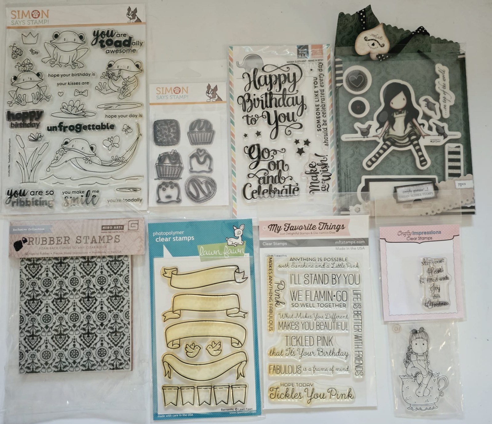 Clear Rubber Stamp Lot of 9 Simon Says Mama Elephant Gorjuss Lawn Fawn MFT