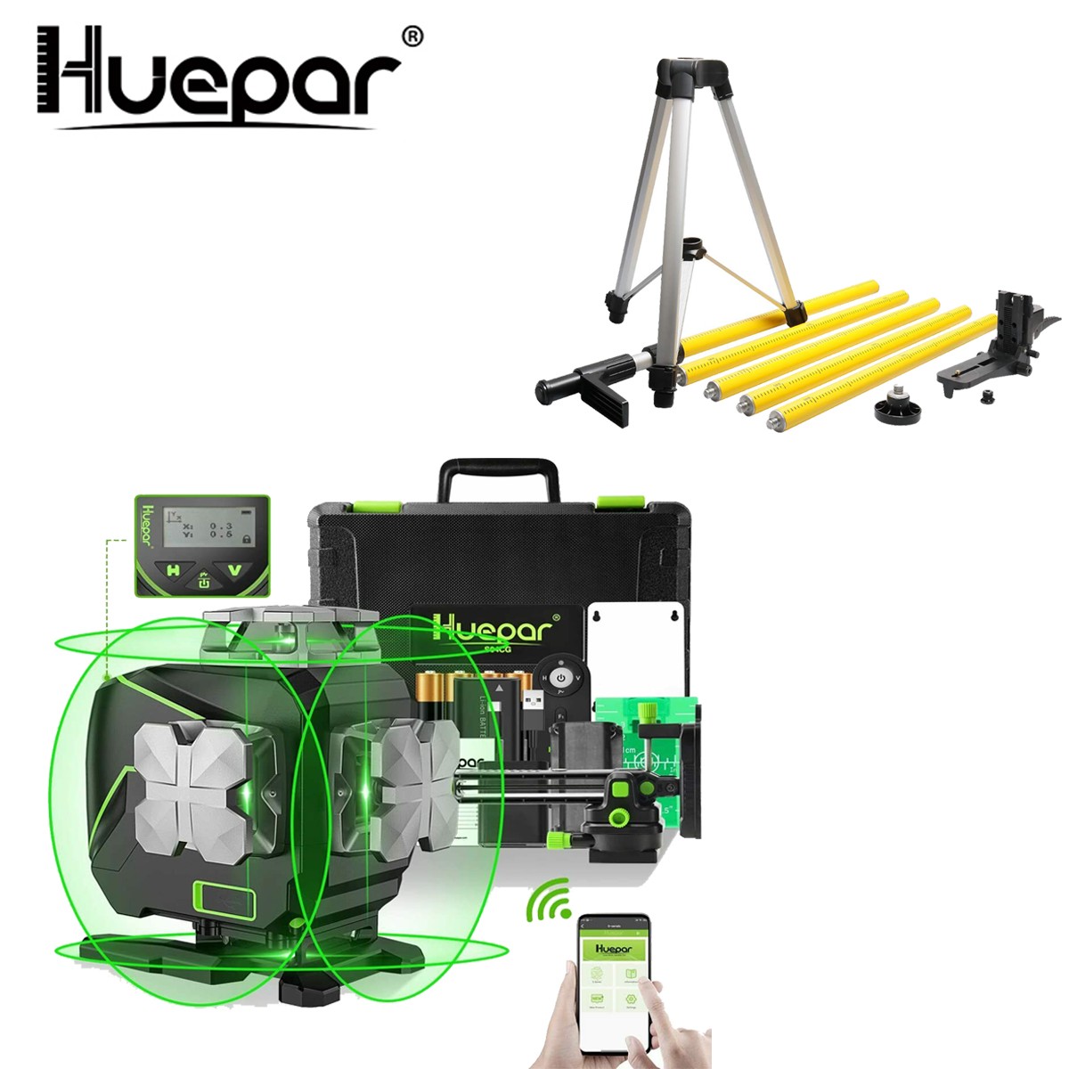 Huepar 4D Laser Level with LCD Screen Remote Control S04CG+3.7m Telescoping Pole