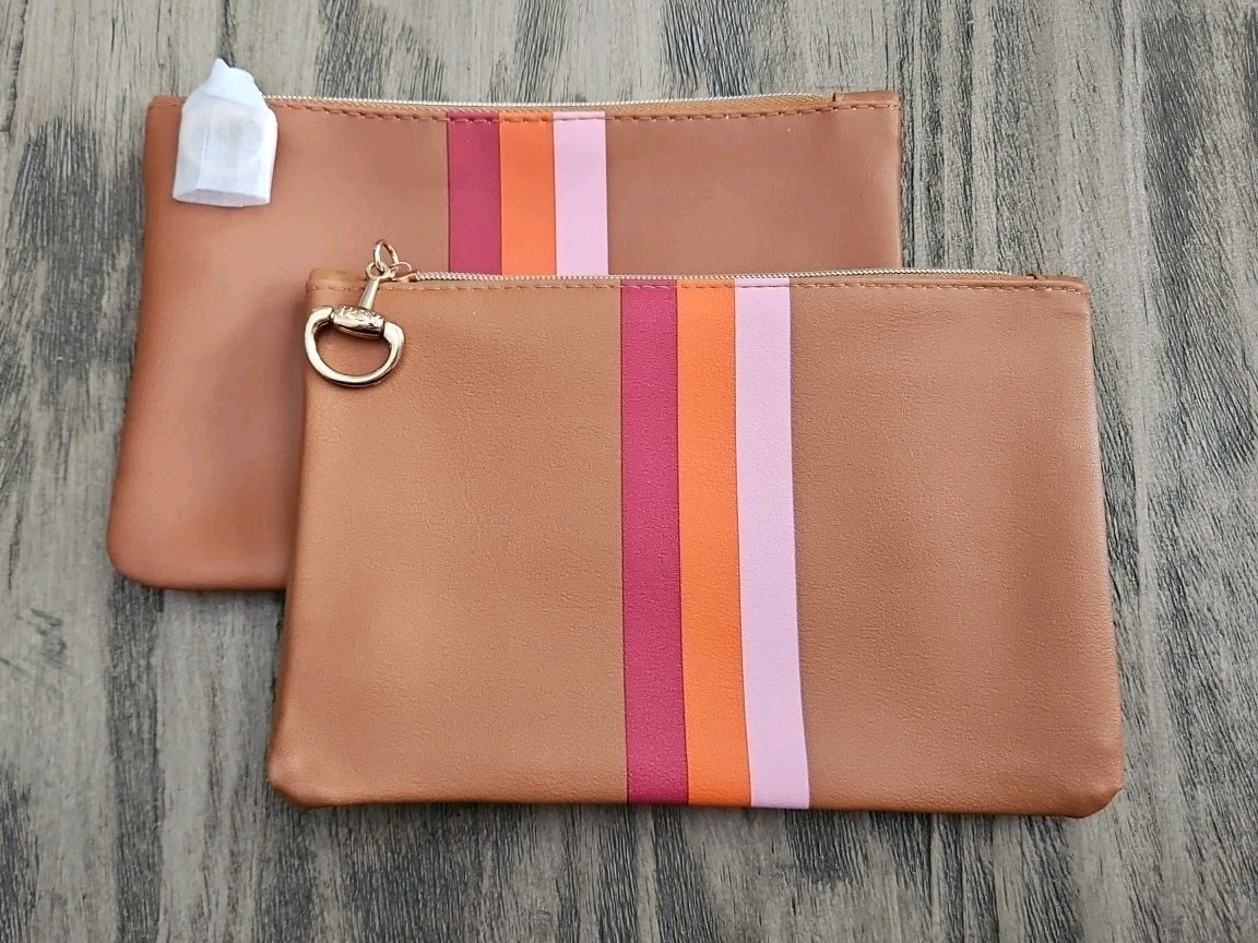2 x Ipsy August 2025 Makeup Cosmetic Bag Tan Equestrian Stirrup Zipper Pull New