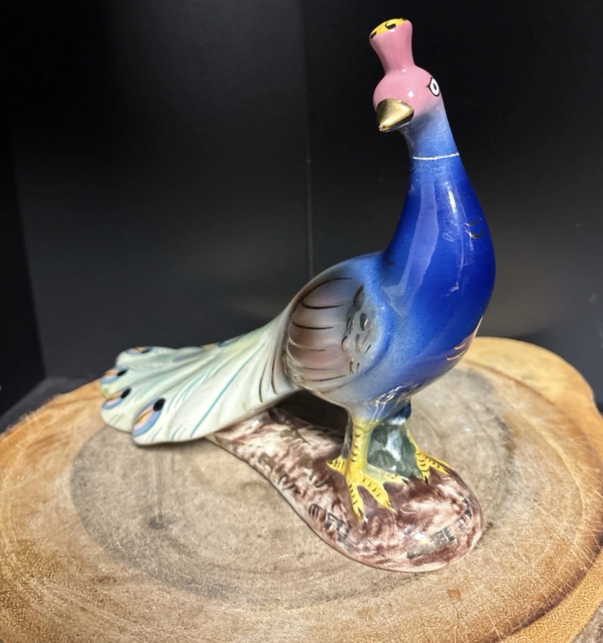 vintage hand-painted ceramic peacock figurine made in Portugal by Elpa Alcobaca