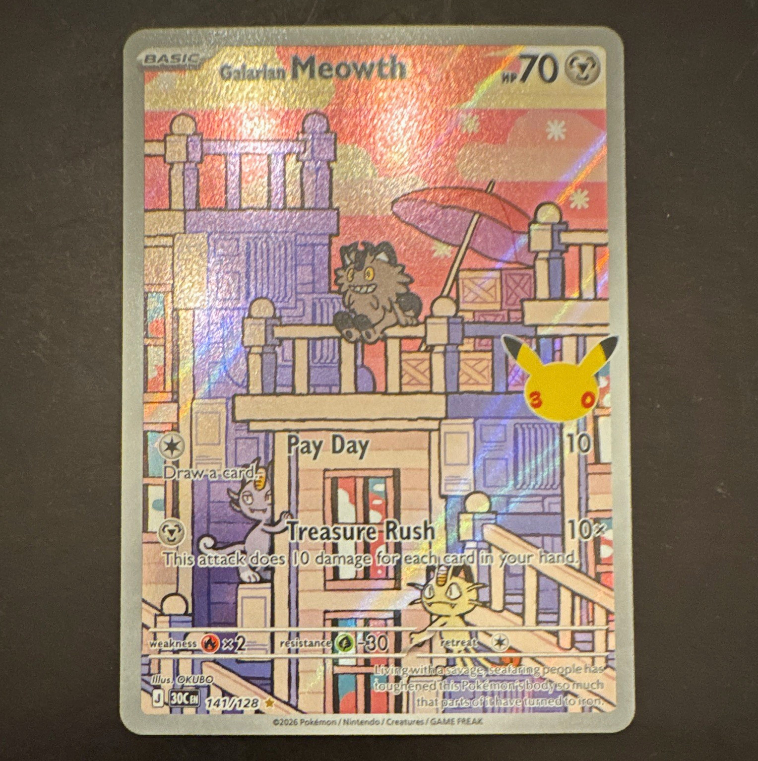  Galarian Meowth 141/128 30th Celebration Illustration Rare Full Art Holo