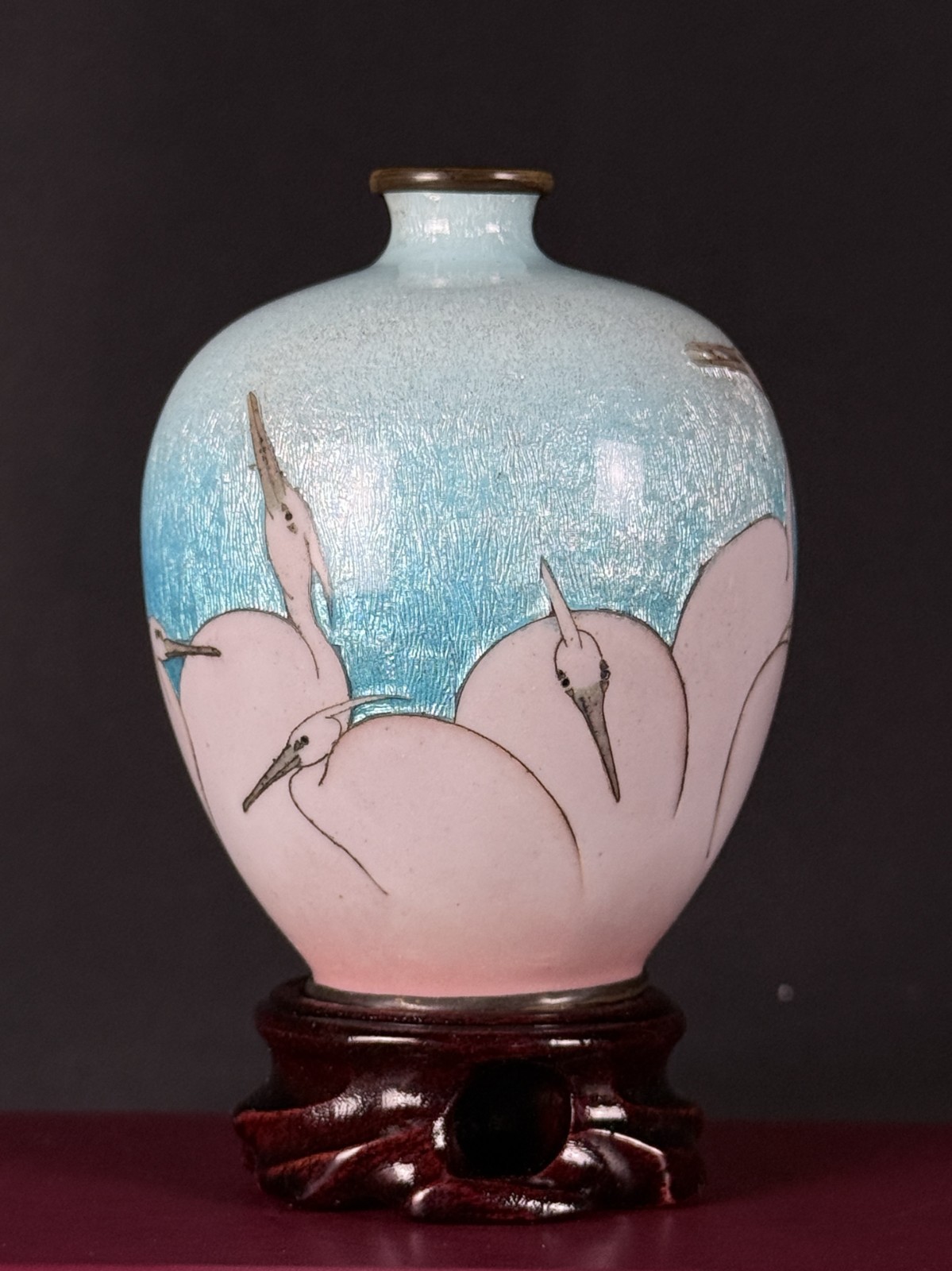 Antique Japanese Cloisonné Ginbari Crane Vase Sky Blue Fine Wire 4”