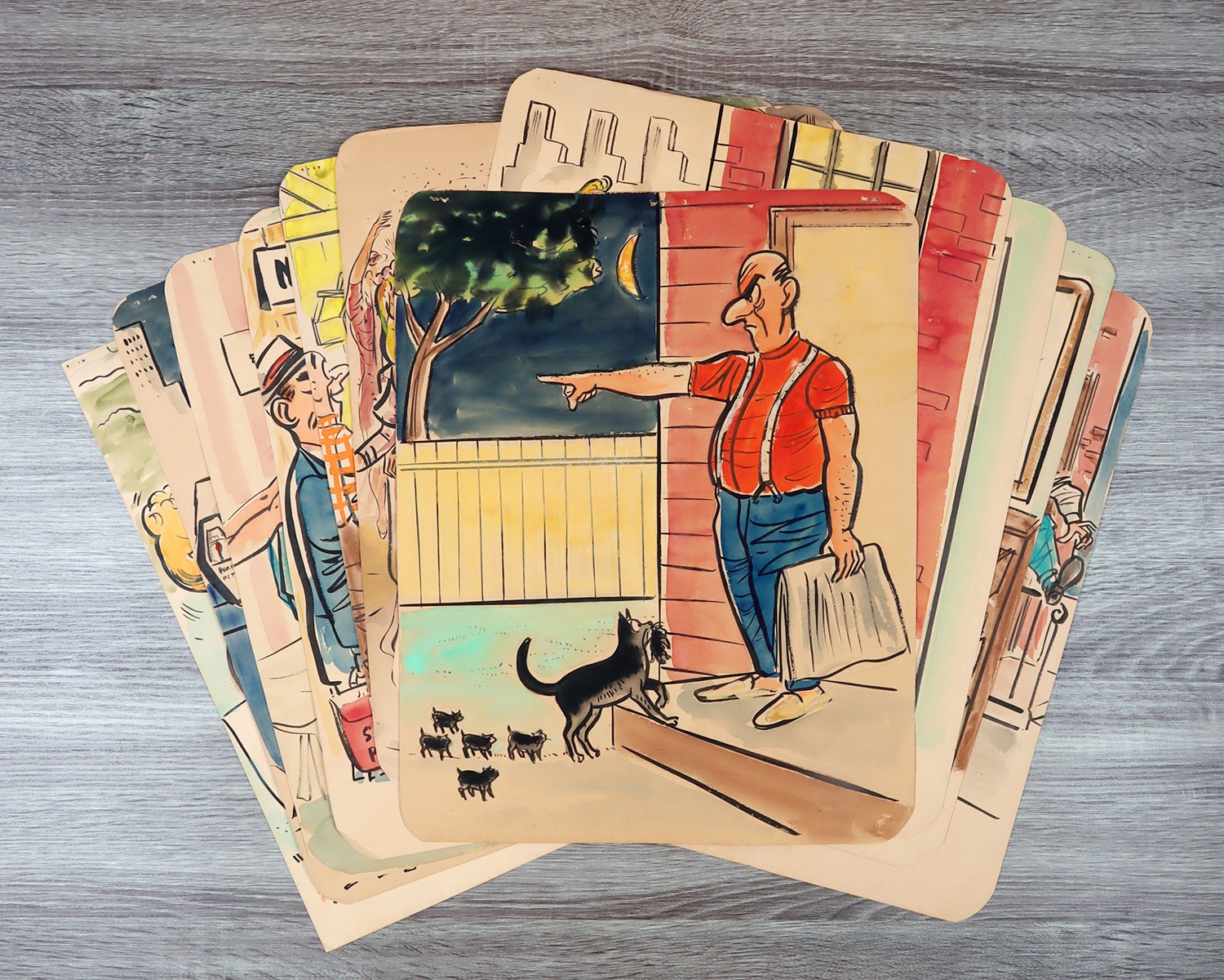 Vintage Original Cartoon Illustrations, Humorous Risqué Art, Lot of 11, 19x15 in