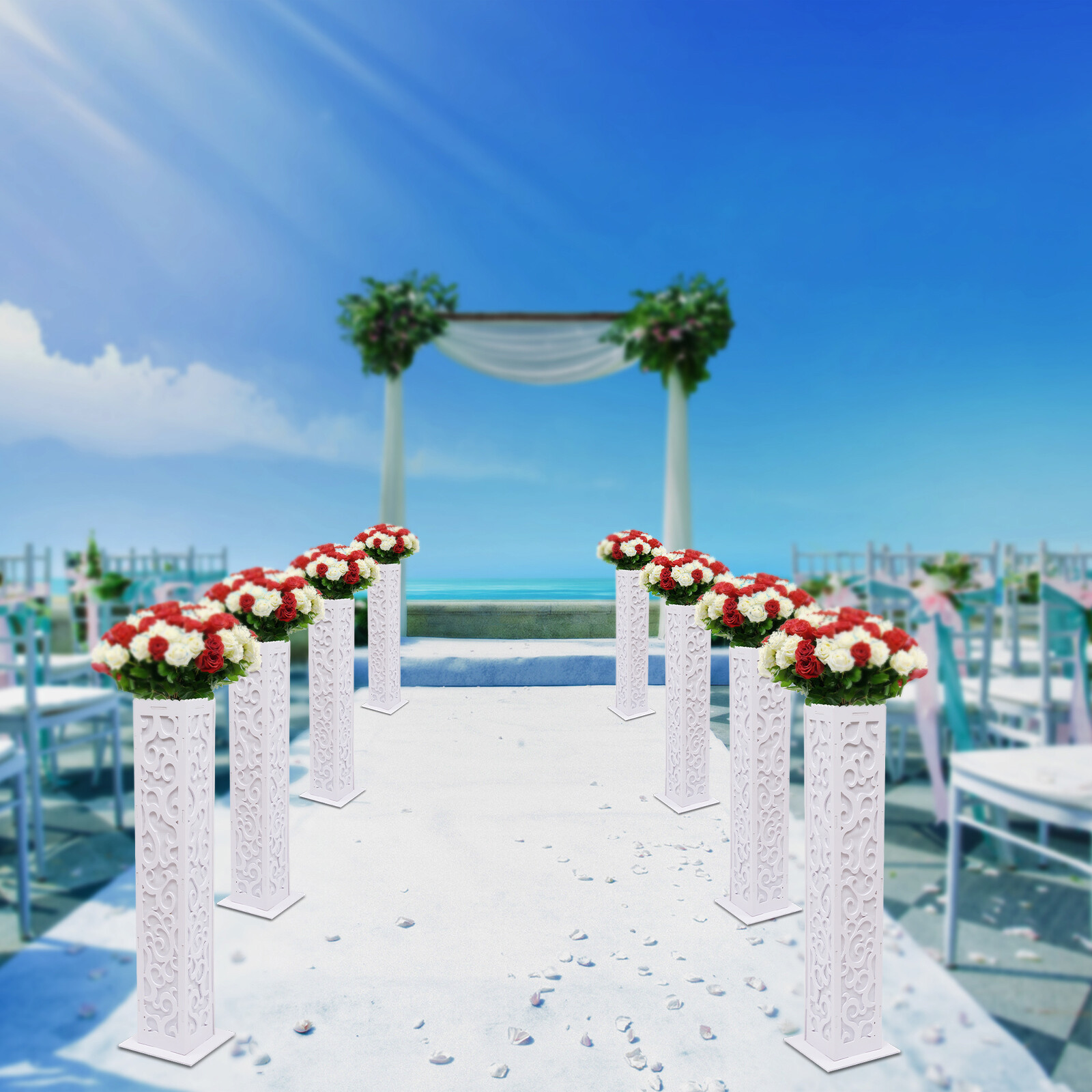 8Pcs Elegant White Flower Columns with LED Lights for Weddings & Events