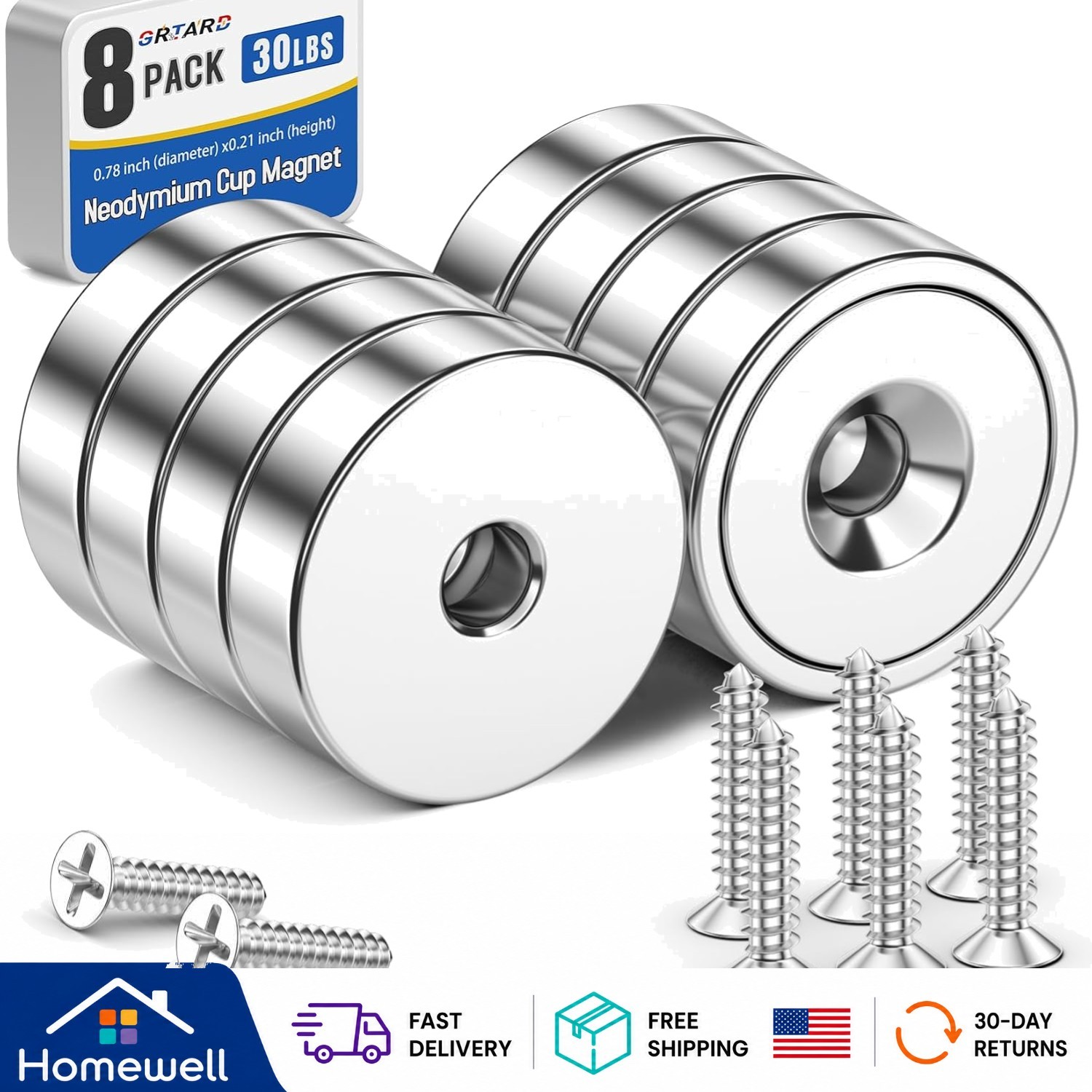 8 PCS 30LB Neodymium Cup Magnets - Ultimate Strong Holding Power & Durable