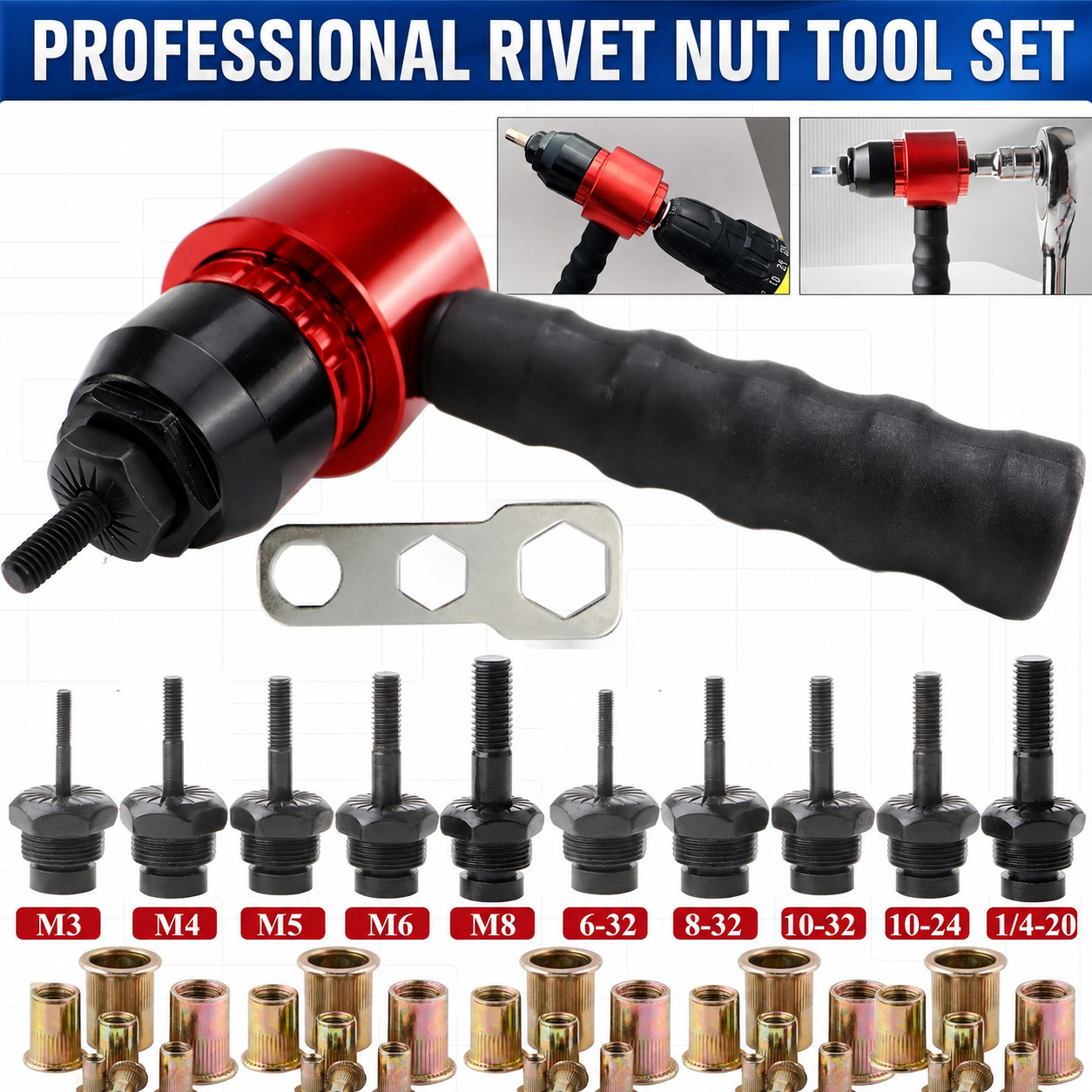 Electric Rivet Nut Gun Adapter Cordless Riveting Tool Insert Nut Drill Tool Kit