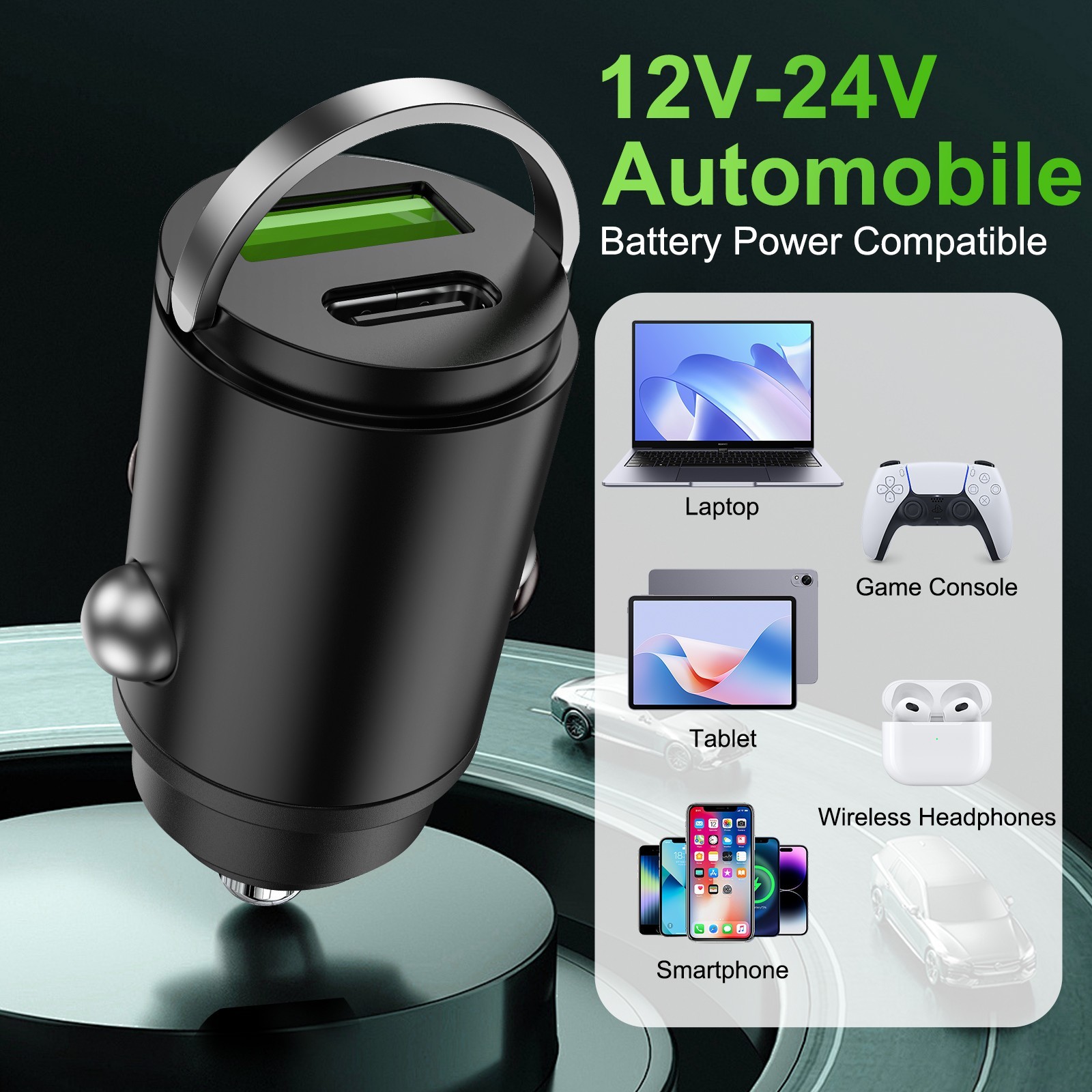 100W Super Fast Car Charger USB C PD Dual Port Cigarette Lighter Adapter 12V-24V