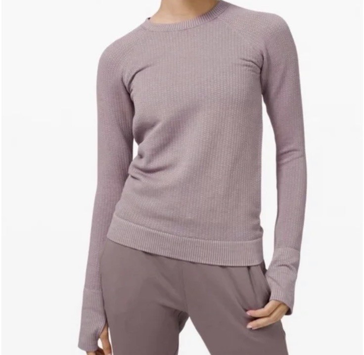 LULULEMON Rest Less Pullover Sweatshirt Ribbed Seamless Thumbholes Purple Sz 4 LULULEMON Rest Less Pullover Sweatshirt Ribbed Seamless Thumbholes Purple Sz 4