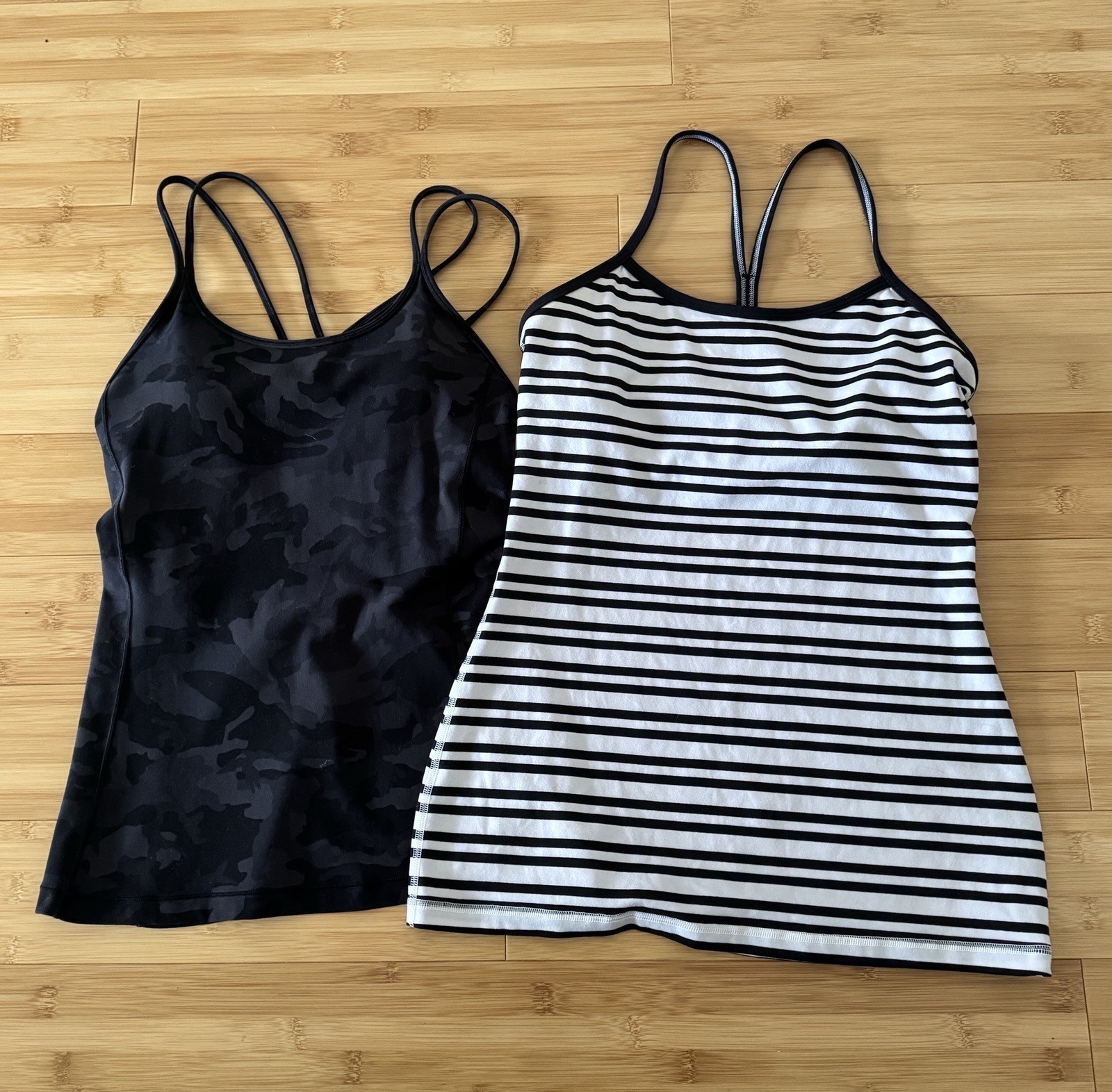 LULULEMON bundle od 2 Black Camo and Black-White Striped Women\'s Tank Tops LULULEMON bundle od 2 Black Camo and Black-White Striped Women\'s Tank Tops