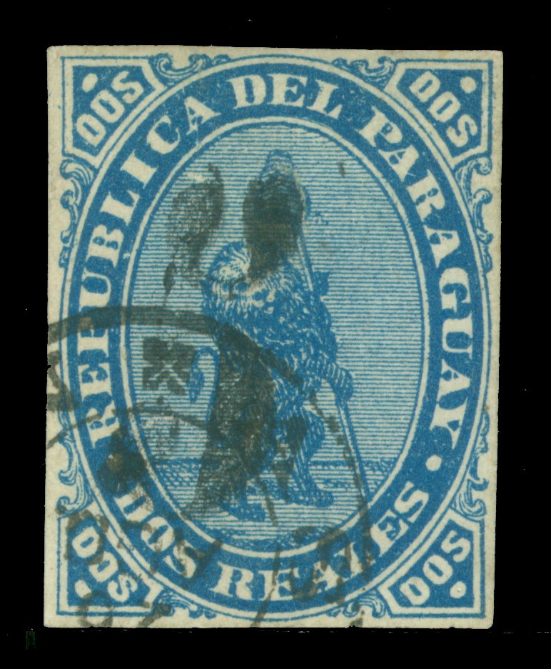 PARAGUAY 1878 LION - BLACK SURCHARGE handstamp 5c /2r blue Scott # 5 used VF PARAGUAY 1878 LION - BLACK SURCHARGE handstamp 5c /2r blue Scott # 5 used VF