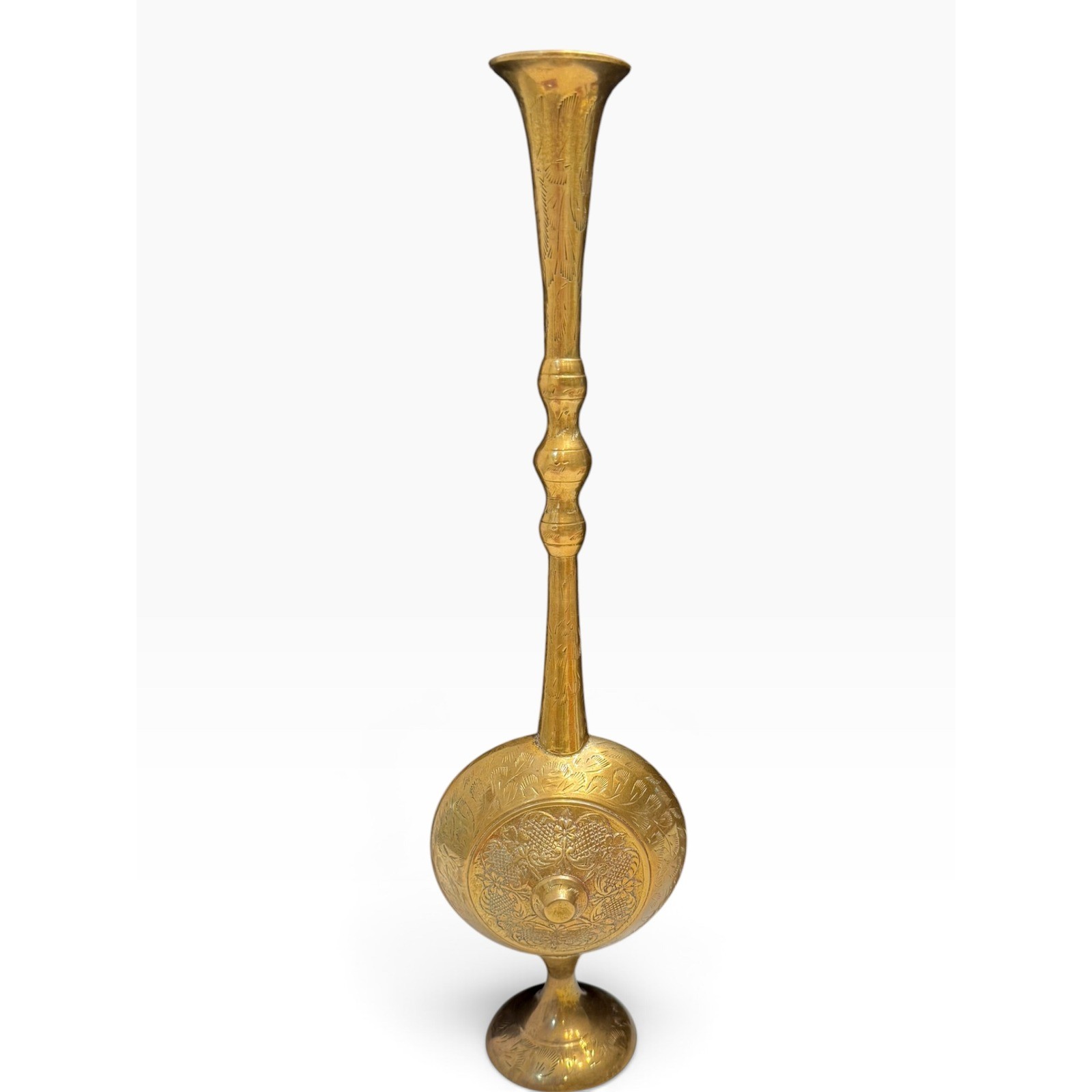 Vintage Hand Etched Brass Bud Vase Tall Canteen Shape Floral Engraved 15.5 inch