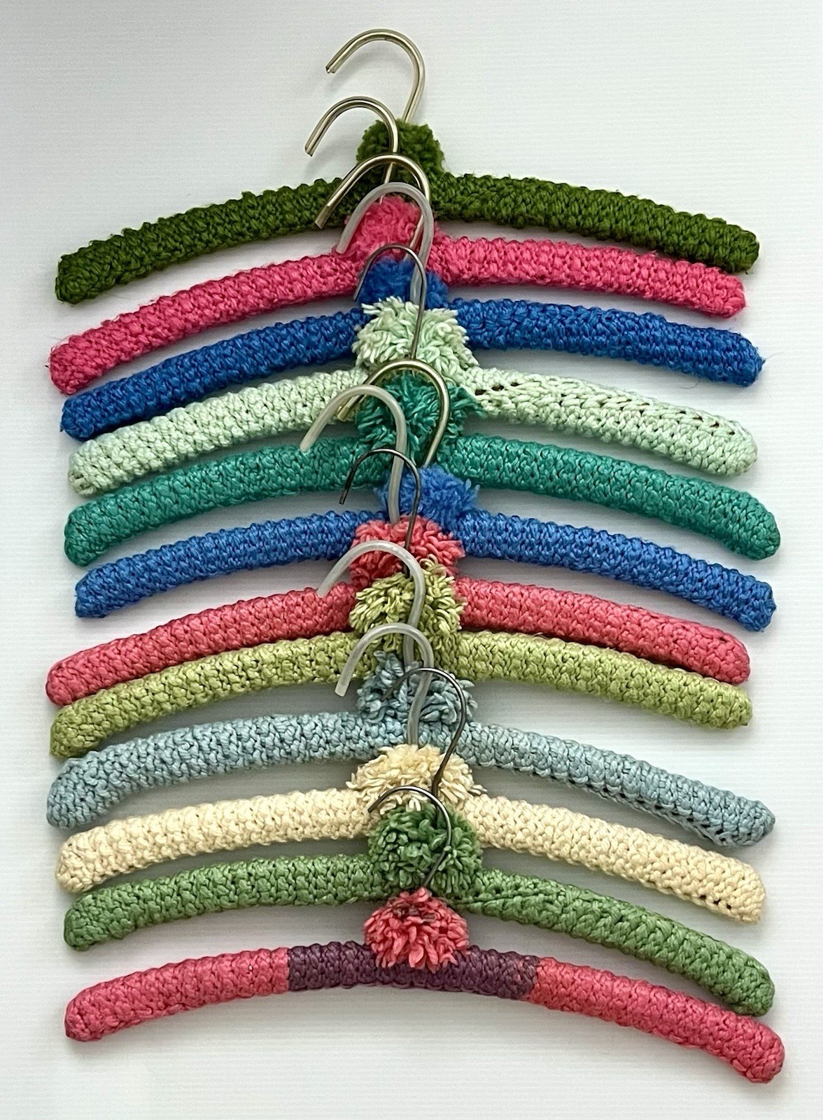 12 Vtg Hand Crocheted Wood Hangers w/ PomPoms Multicolor 1960\'s NICE 12 Vtg Hand Crocheted Wood Hangers w/ PomPoms Multicolor 1960\'s NICE