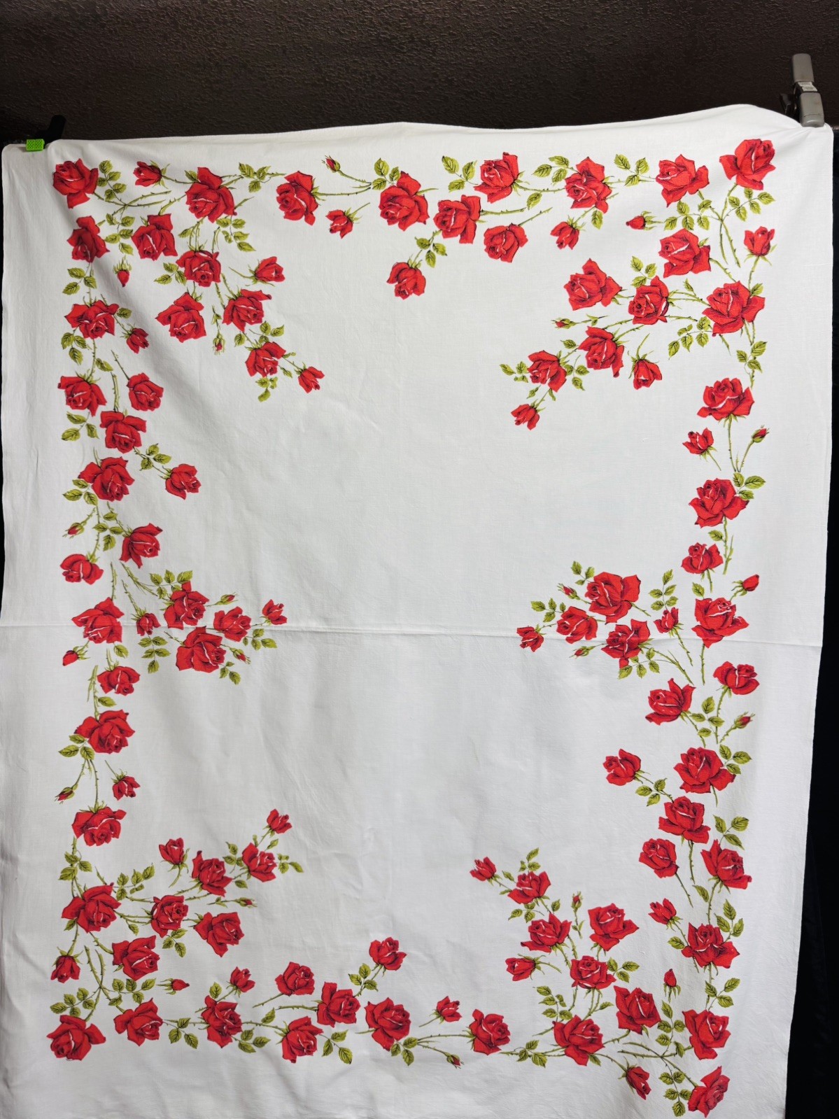 Vintage 1950s Red Rose Floral Cotton Tablecloth 63x50 Mid Century Vintage 1950s Red Rose Floral Cotton Tablecloth 63x50 Mid Century