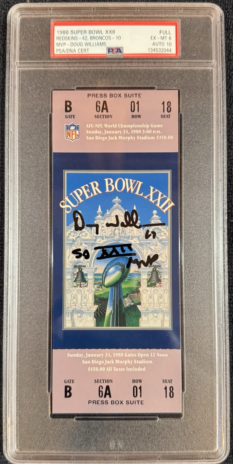 1988 Super Bowl XXII Full Ticket Signed Doug Williams MVP PSA Auto 10 134532044