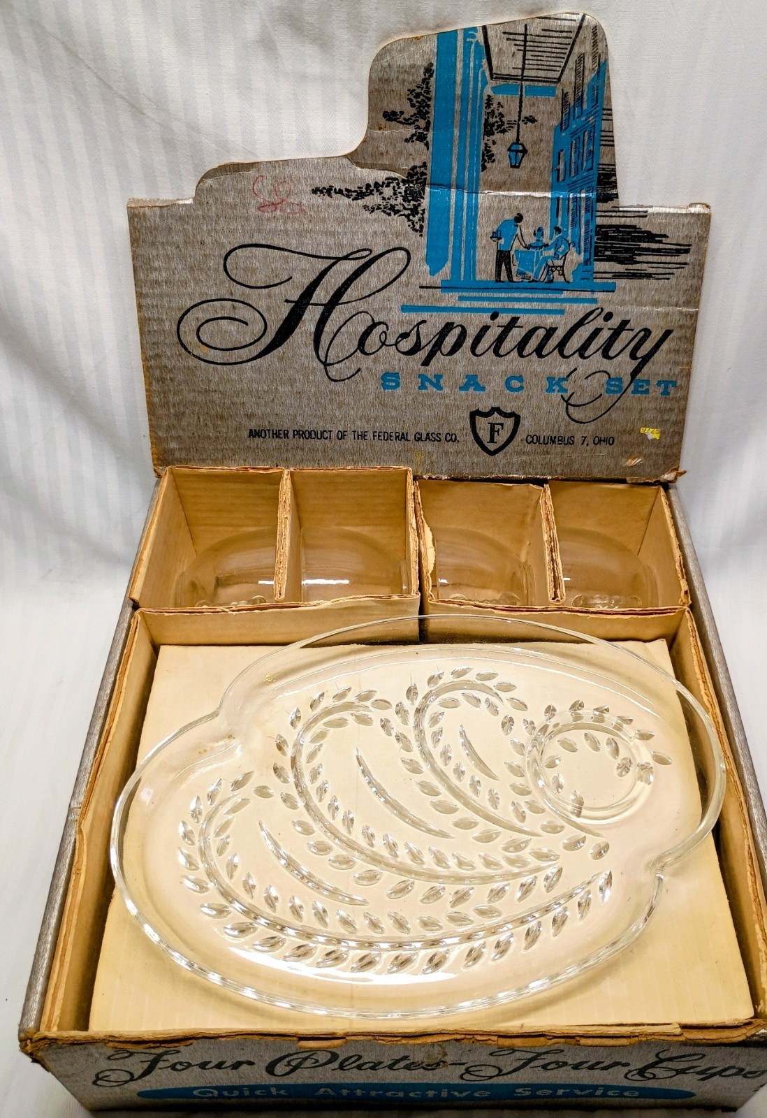Vintage Federal Glass Snack Set *Service for 4* Original Box *Perfect For Tea* Vintage Federal Glass Snack Set *Service for 4* Original Box *Perfect For Tea*