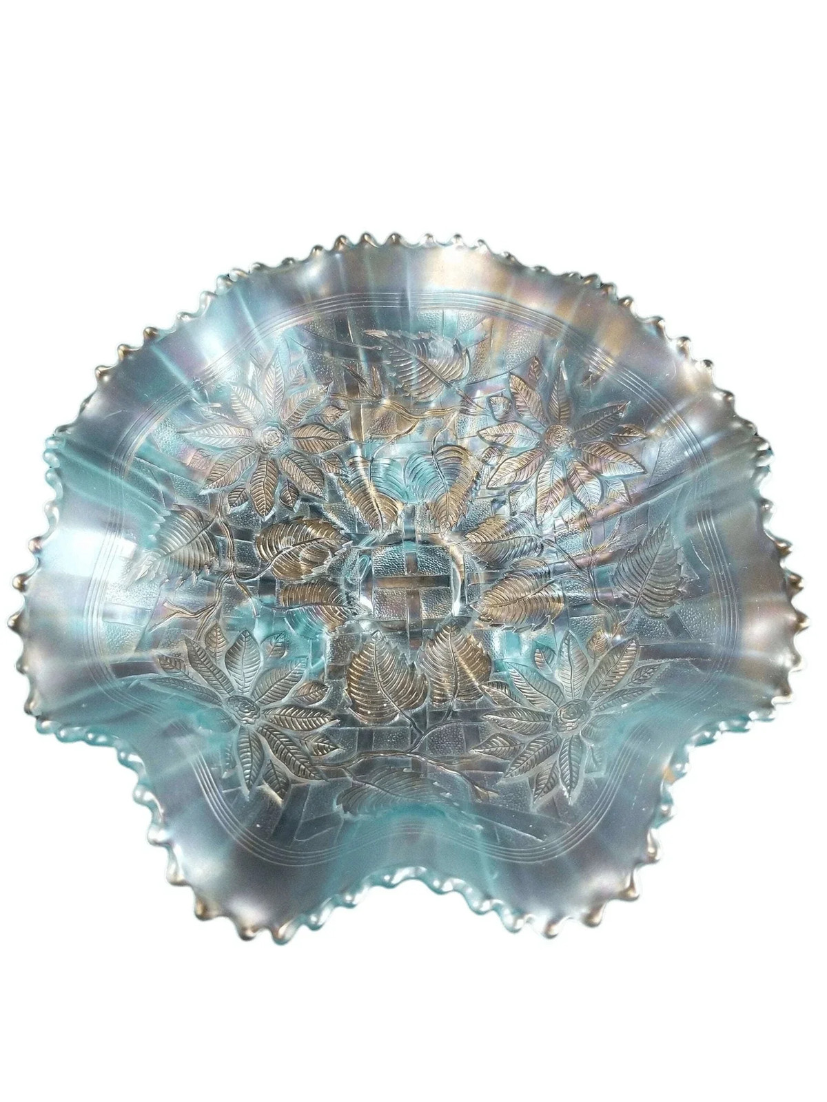 Northwood Ice Blue Carnival Glass Poinsettia and lattice Northwood Ice Blue Carnival Glass Poinsettia and lattice