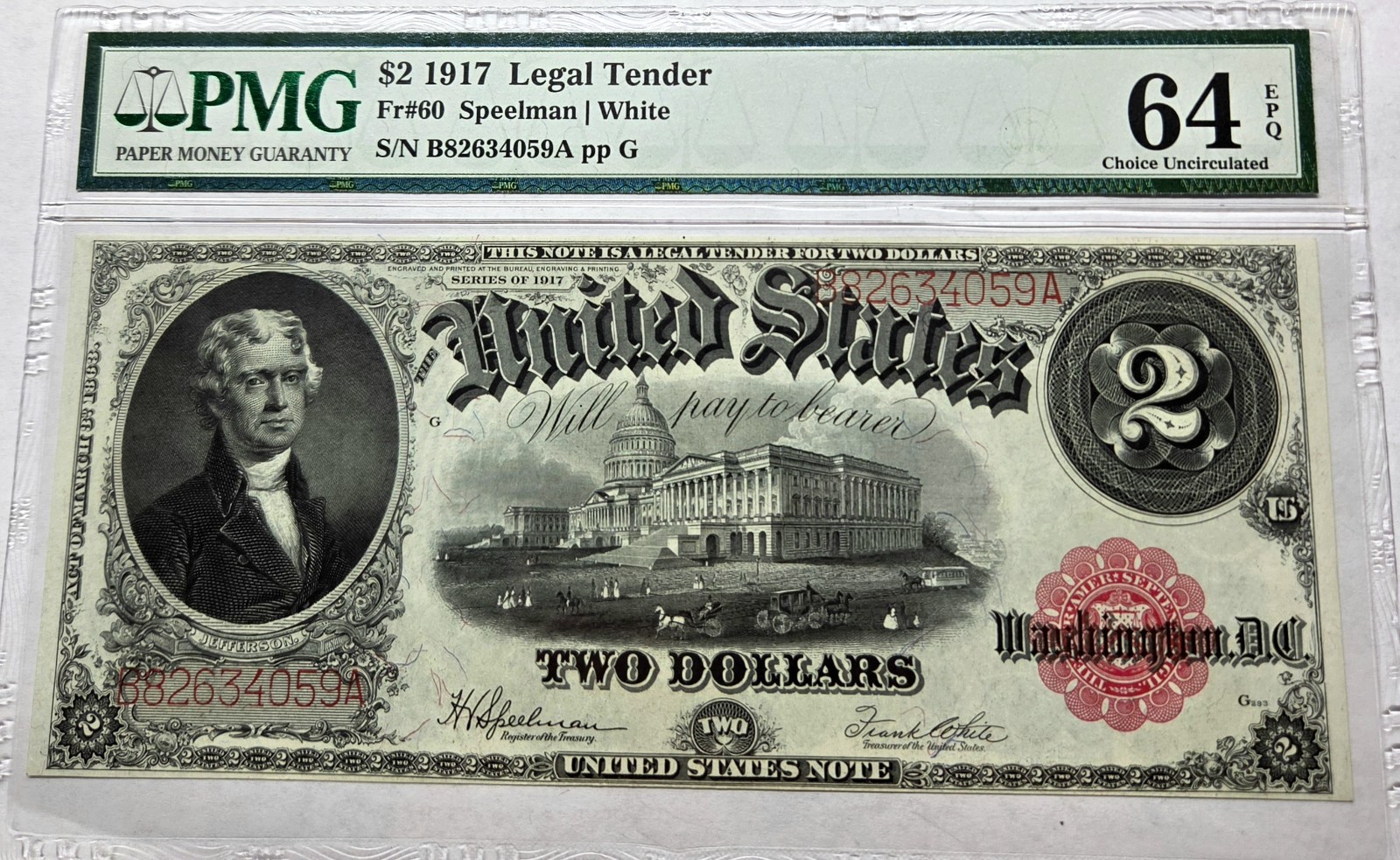 Rare 1917 $2 Legal Tender Speelman/White PMG 64 EPQ Choice Uncirculated Rare 1917 $2 Legal Tender Speelman/White PMG 64 EPQ Choice Uncirculated