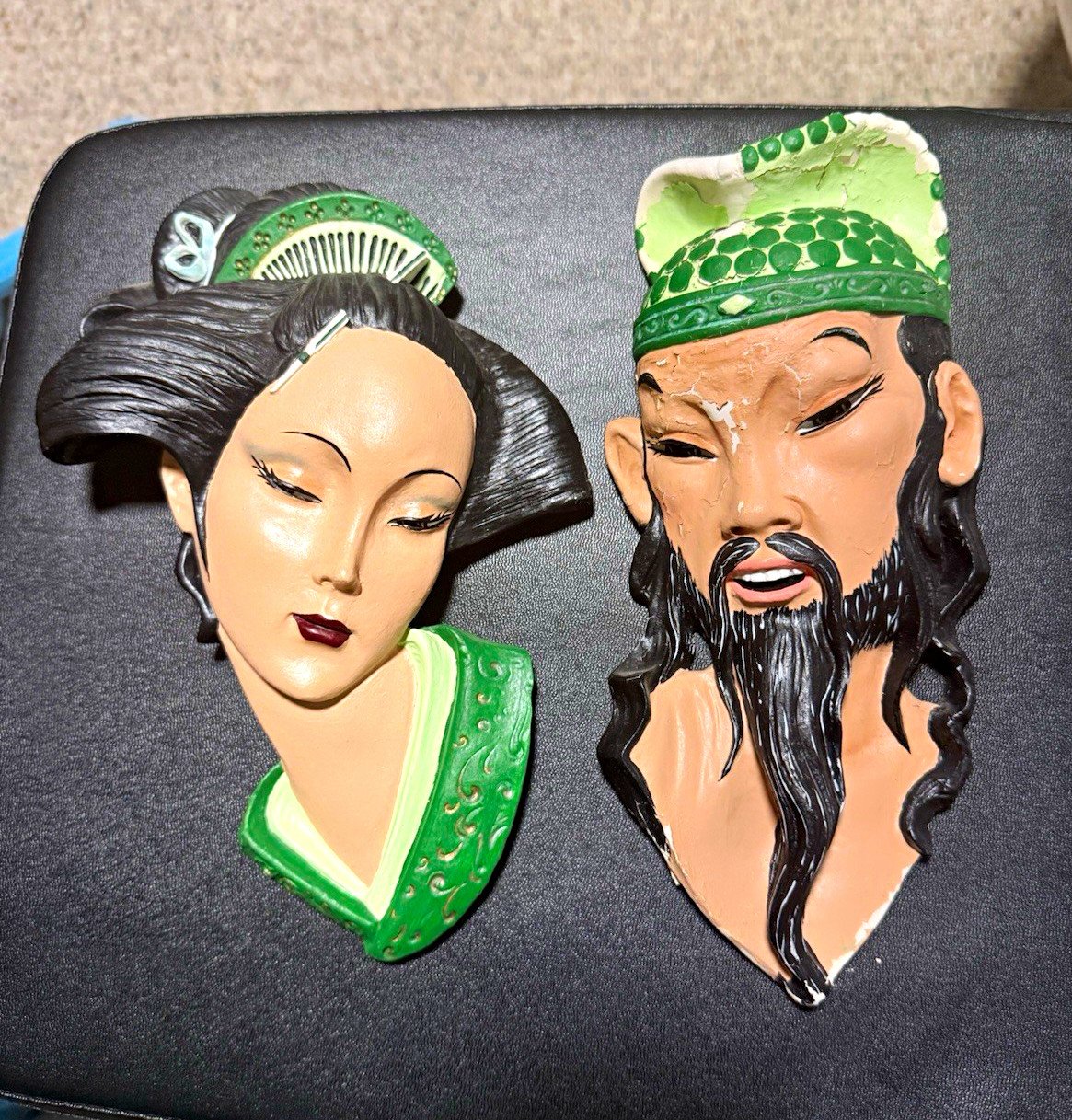 Vintage MCM Asian Plaster Wall Mask Set Geisha Woman & Bearded Man Green Vintage MCM Asian Plaster Wall Mask Set Geisha Woman & Bearded Man Green