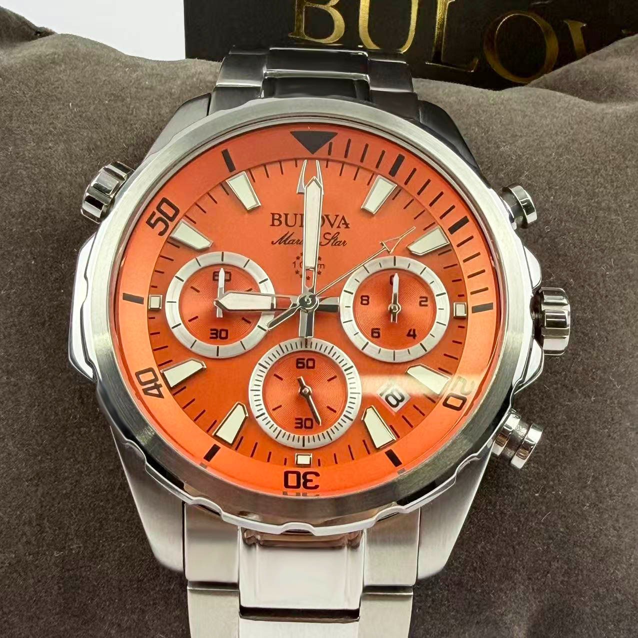 NEW Bulova Marine Star 44 mm Men’s Chronograph Quartz Watch Orange Dial 96B395 NEW Bulova Marine Star 44 mm Men’s Chronograph Quartz Watch Orange Dial 96B395