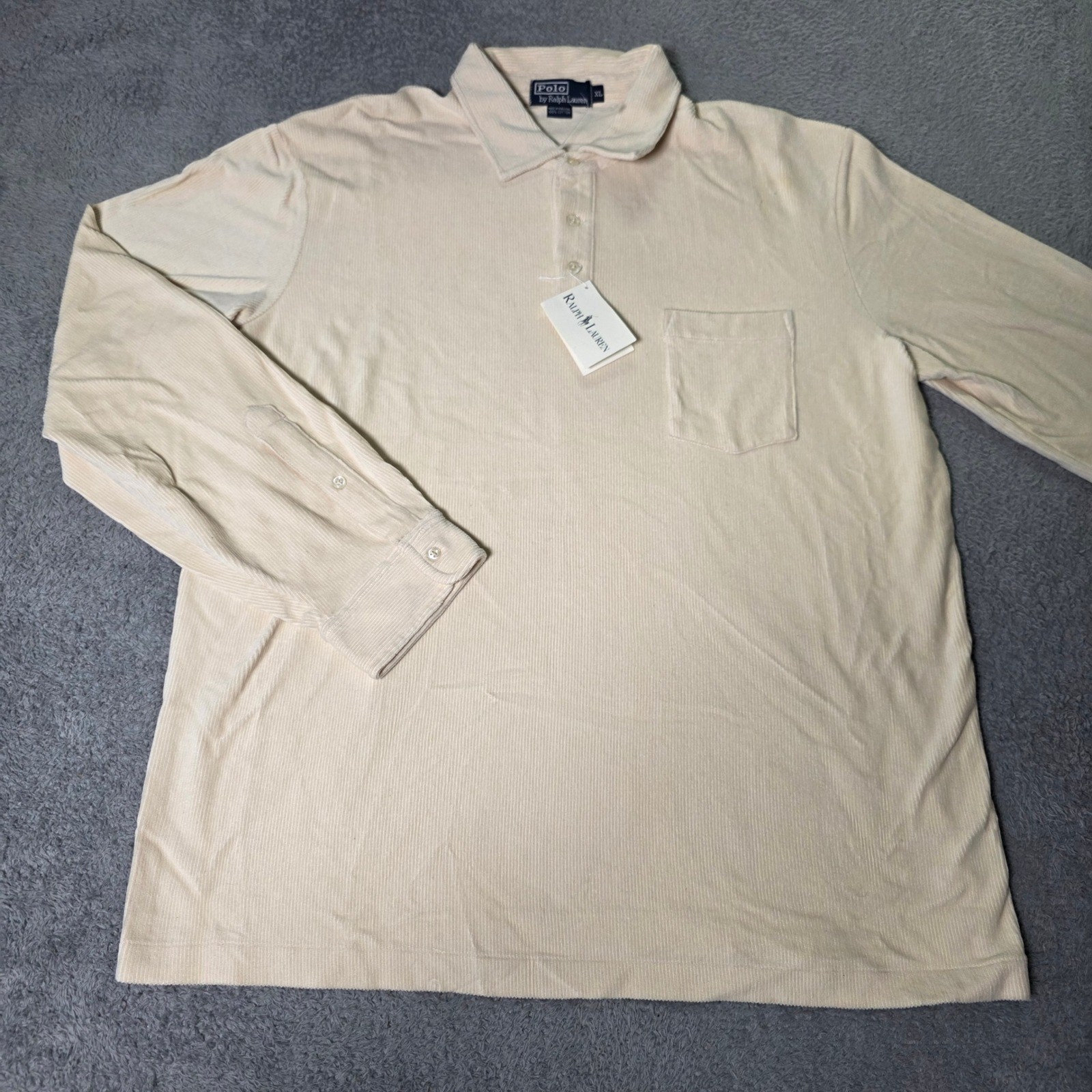 Polo Ralph Lauren Mens XL Polo Shirt Cream Corduroy Long Sleeve Pocket VTG 90s