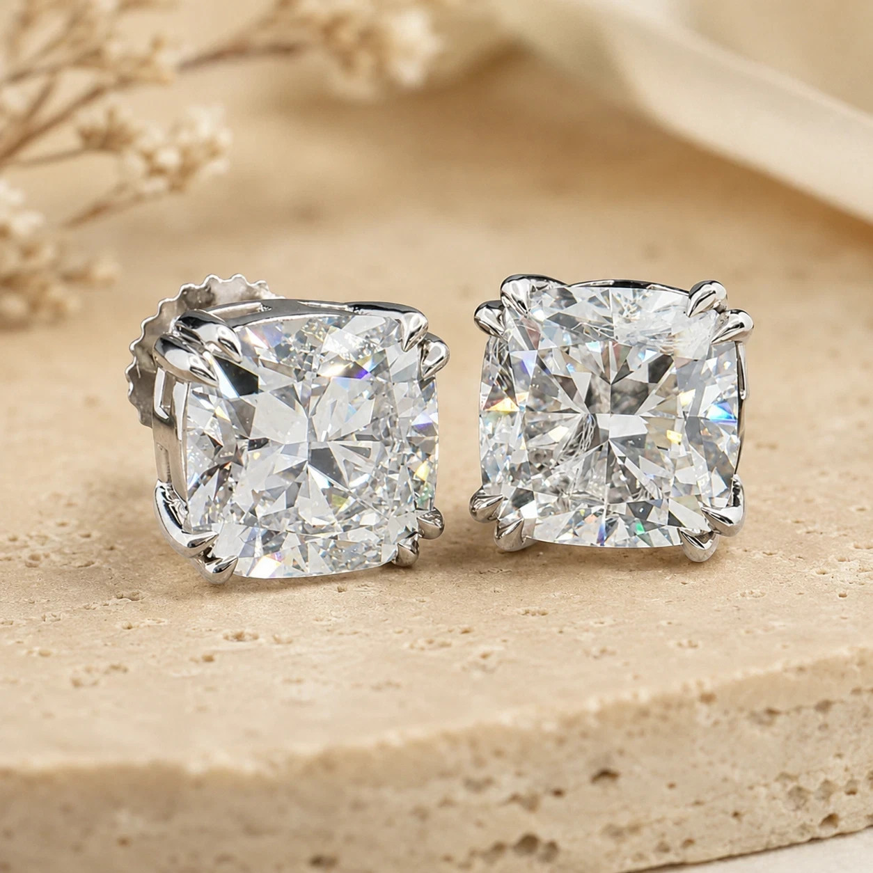 3Ct Cushion Cut Natural Diamond solid 14K White gold Earring Stud Gift for Woman