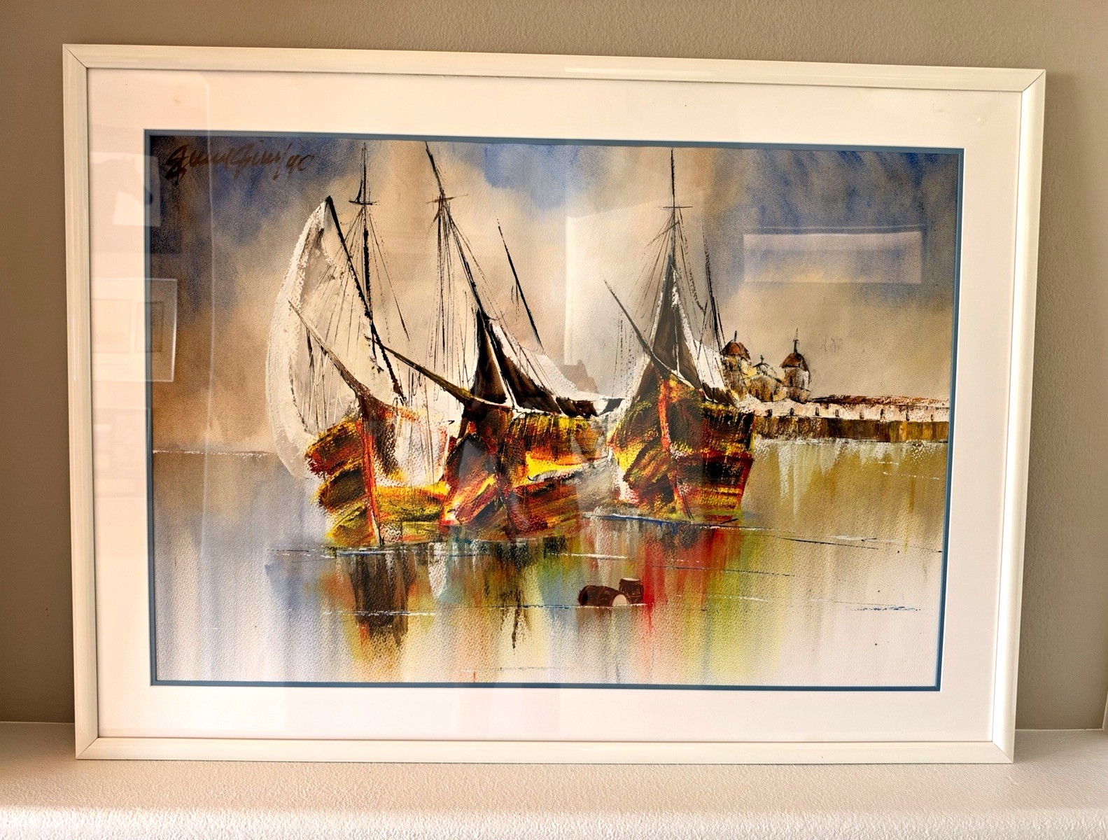 Large Framed Sailboat Harbor Wall Art Coastal Nautical Scene 45 x 33