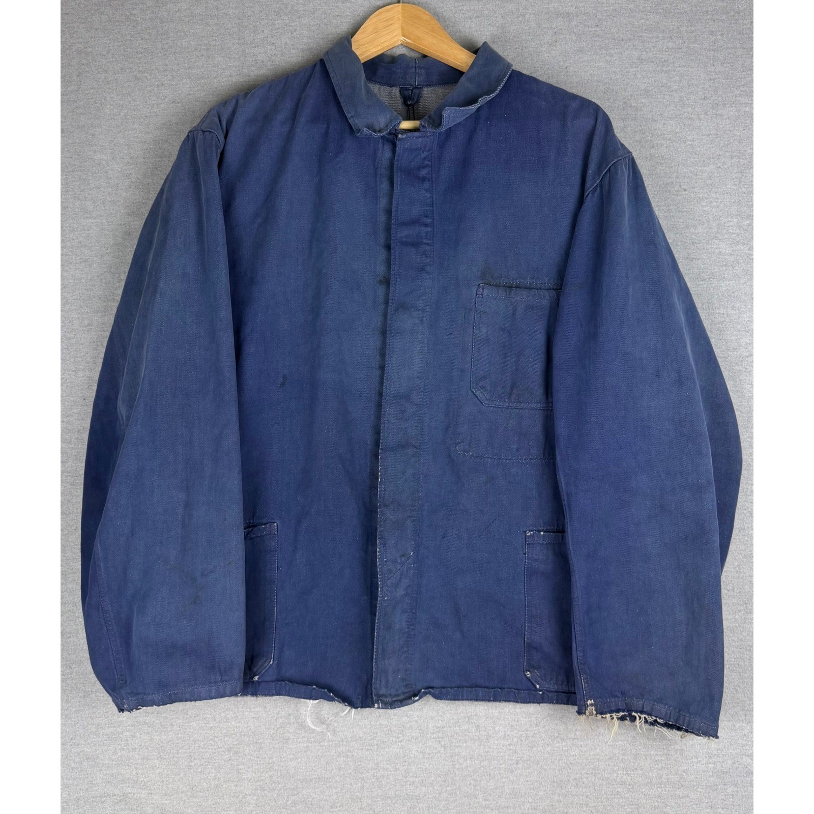 Vintage French Chore Jacket Blue Cotton Twill Faded Workwear XL Distressed