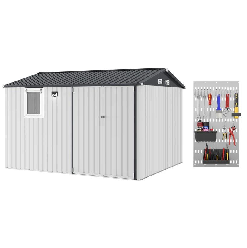 Garvee 10x8 FT Metal Storage Shed LED Light Pegboard Lockable Double Doors Patio
