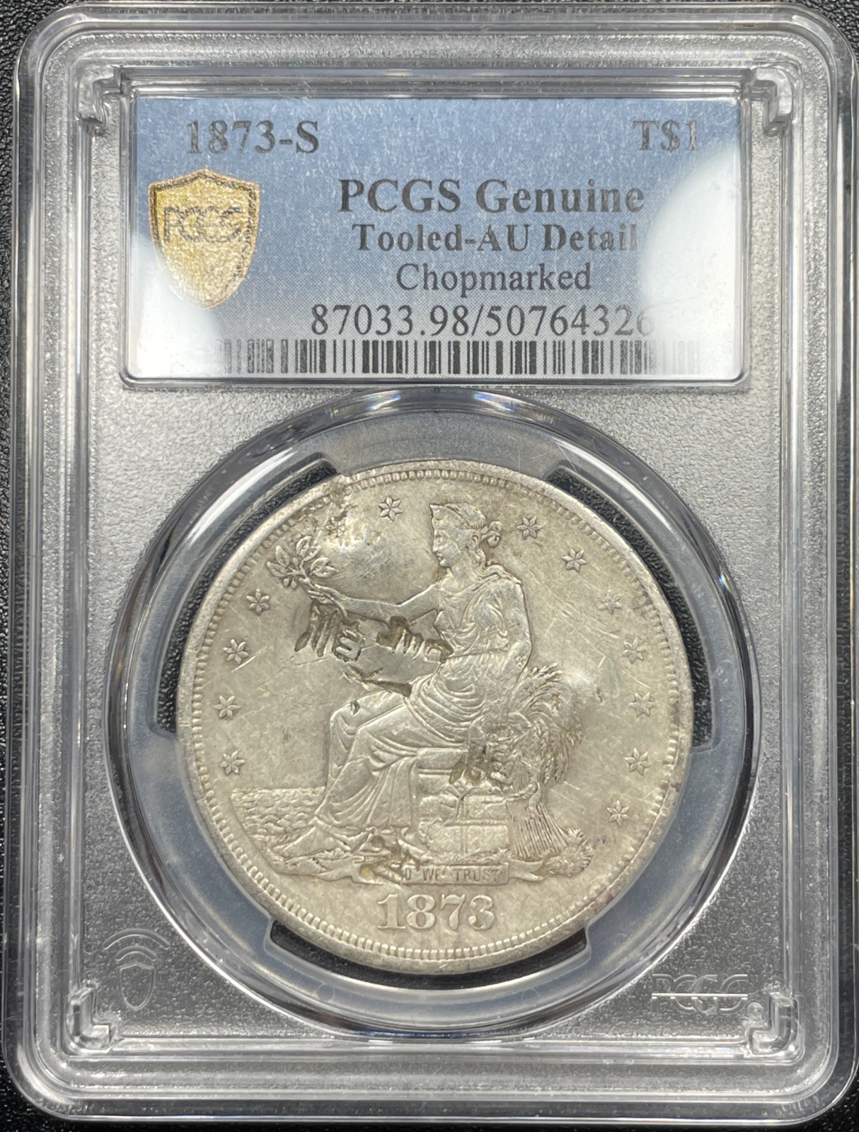 1873 S Trade Silver Dollar $1 PCGS AU Details Chopmarked