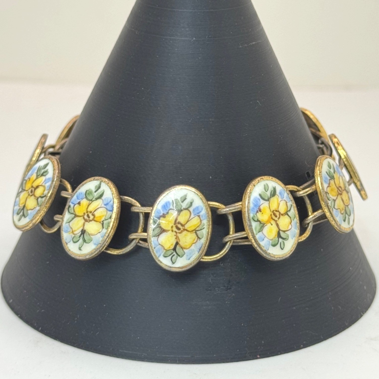 Bliss Brothers Sterling Oval Enamel Tennis Yellow Flowers Rose Bracelet Vintage Bliss Brothers Sterling Oval Enamel Tennis Yellow Flowers Rose Bracelet Vintage