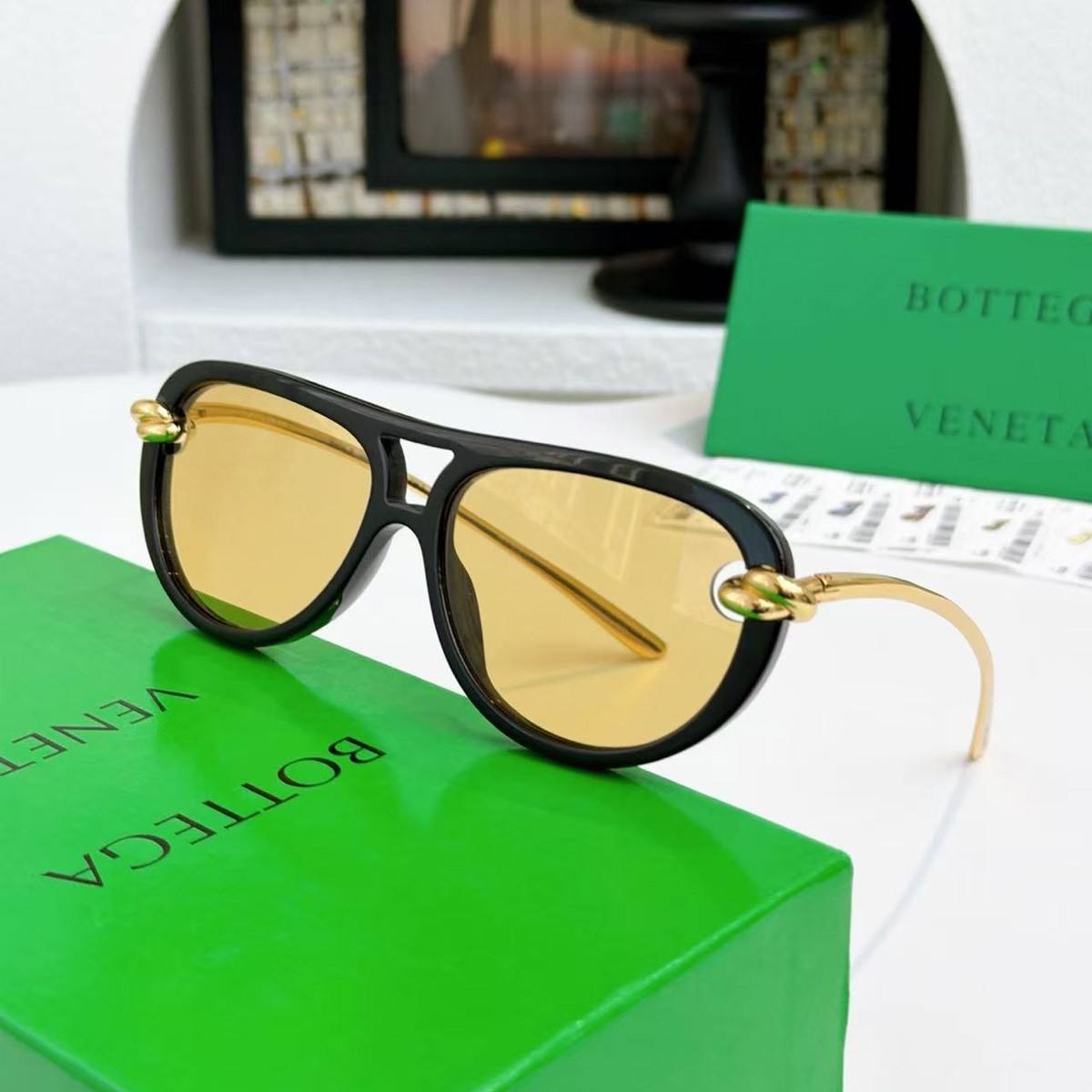 Bottega Veneta BV1418S Women Sunglasses Black/Gold Yellow Lens Oversized Cat Eye