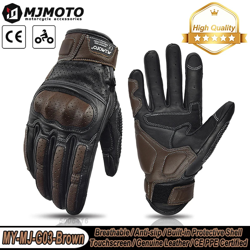 MJMOTO Goat Leather Motorcycle Gloves Touchscreen Full Finger CE Protective