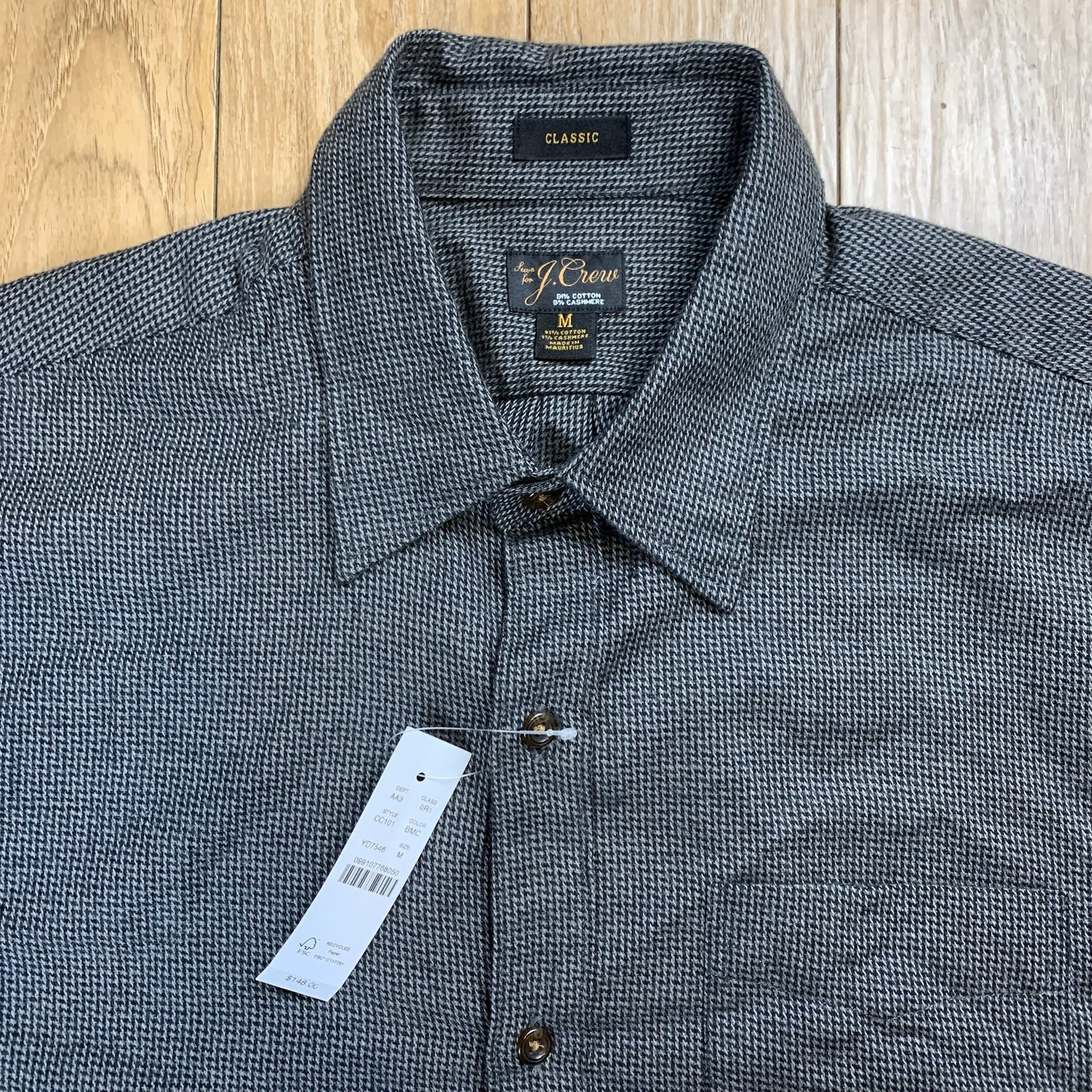 J Crew Shirt Men M Gray Cashmere Cotton Houndstooth Button Up LS Classic Fit NWT