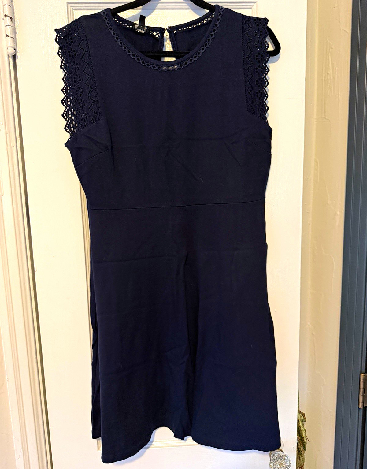 Talbots Petites PL Blue Solid Knit Cotton A-Line Knee Zip Dress Lace