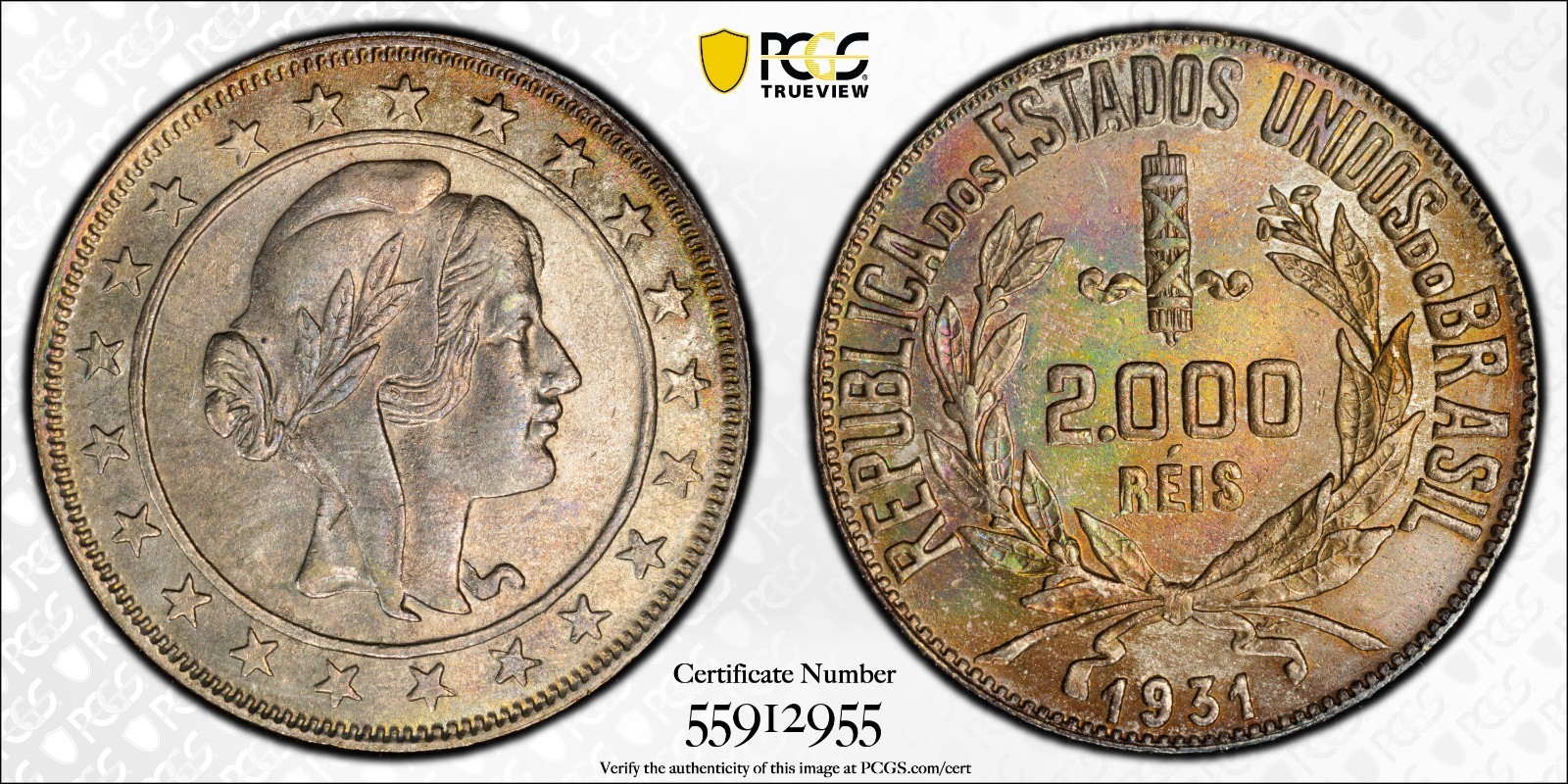 Toned Silver 1931 Brazil 2000 Reis | PCGS UNC Details - Cleaned