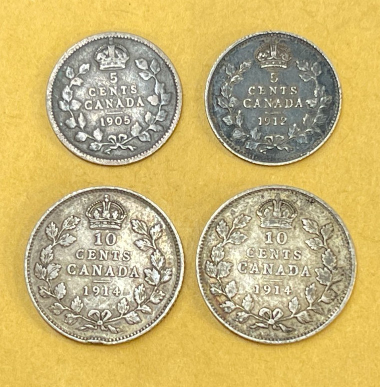 Early Canada 5 & 10 Cents 4 Silver Coins Lot