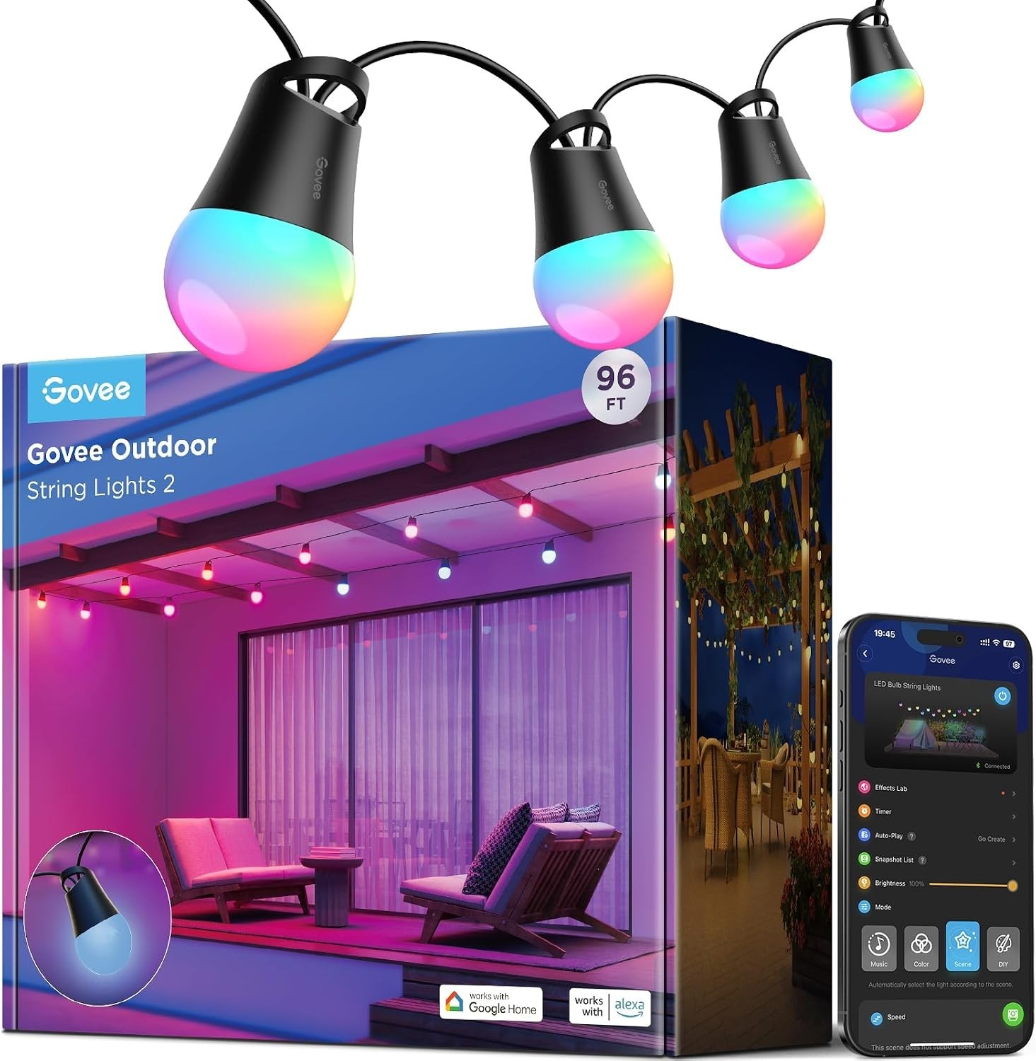 Govee Smart Outdoor String Lights 2, 96ft RGBIC Patio Lights with 30 Bulbs