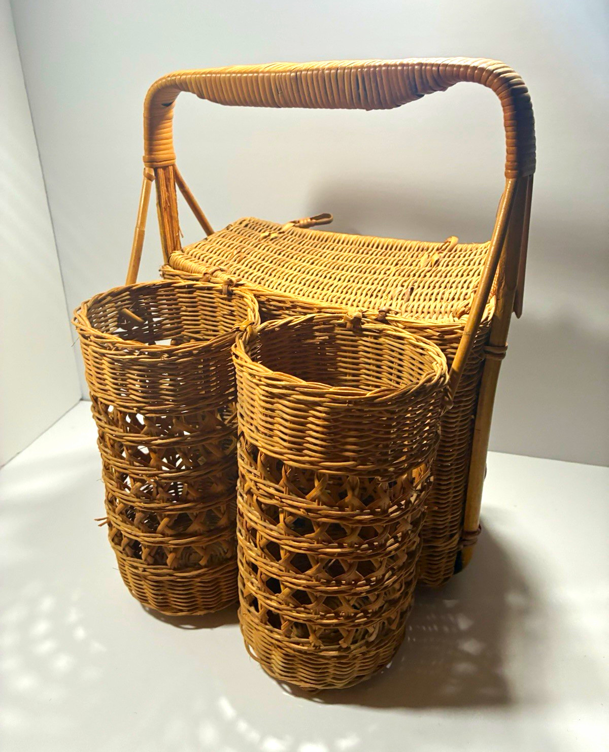 Vintage 1950s Wicker Woven Picnic Basket Only w/ Handle, Latch Closure,