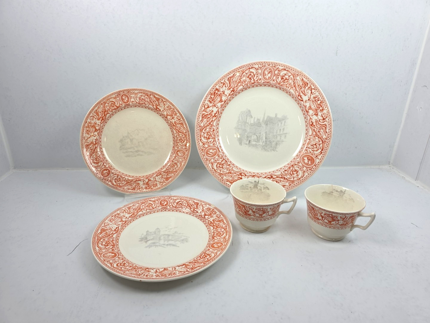 Antique 1892 Minton & Co Florentine Red Transferware Plate Cup Set England 5pc Antique 1892 Minton & Co Florentine Red Transferware Plate Cup Set England 5pc
