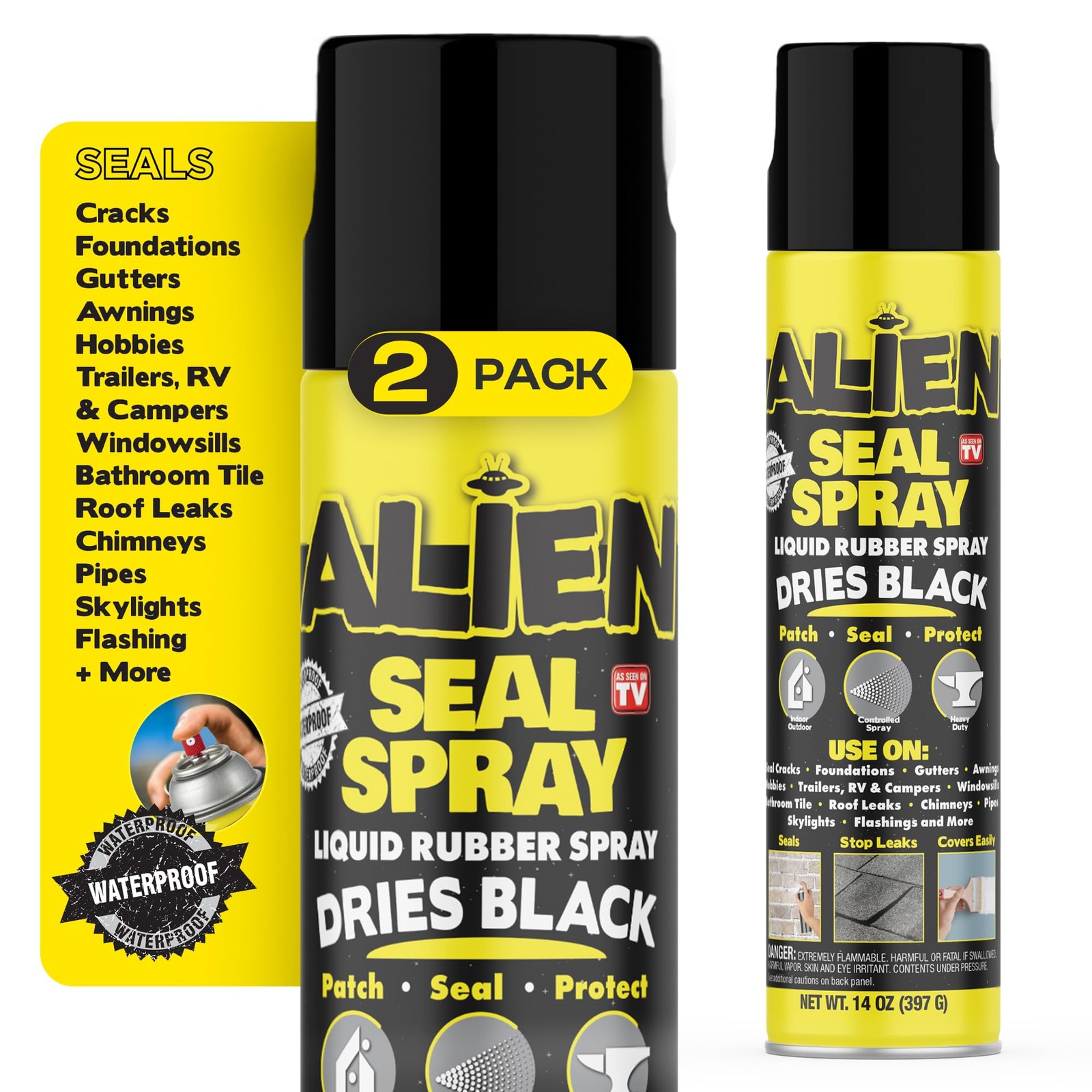 Alien Tape Liquid Sealant Spray 2 Pack, Waterproof, Dries Black, Heavy Duty