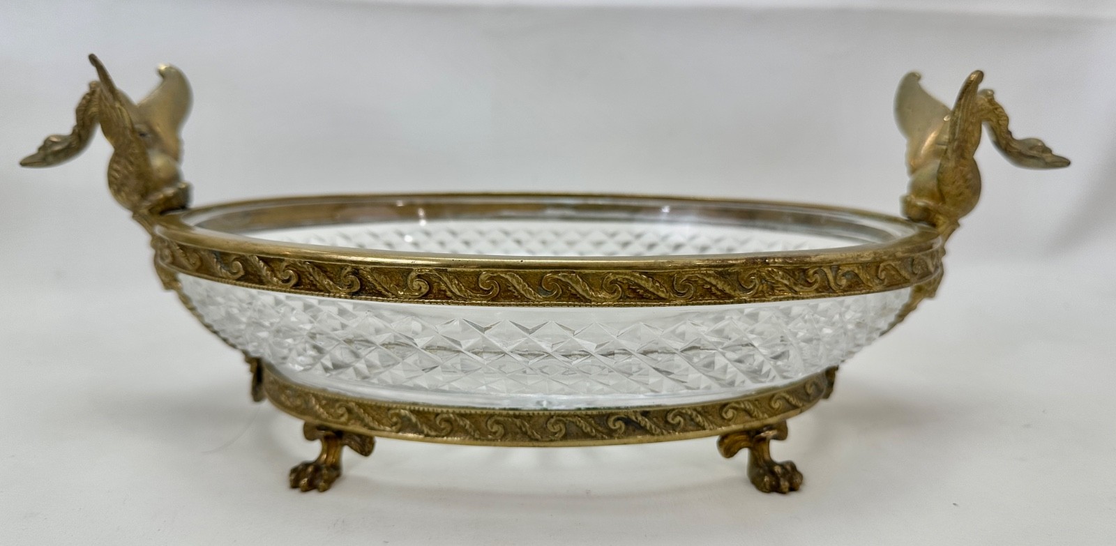Antique French Bronze Diamond Cut Crystal Oval Centerpiece Swan Handles Baccarat