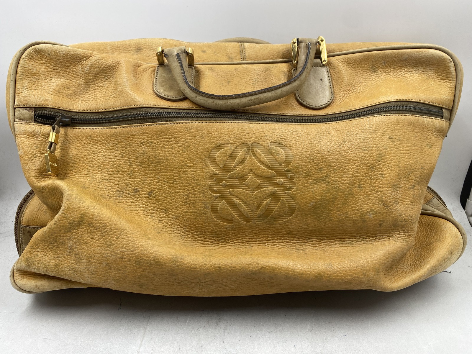 Vintage Loewe Tan Leather Anagram Duffel Bag Travel Weekend Bag Gold Hardware