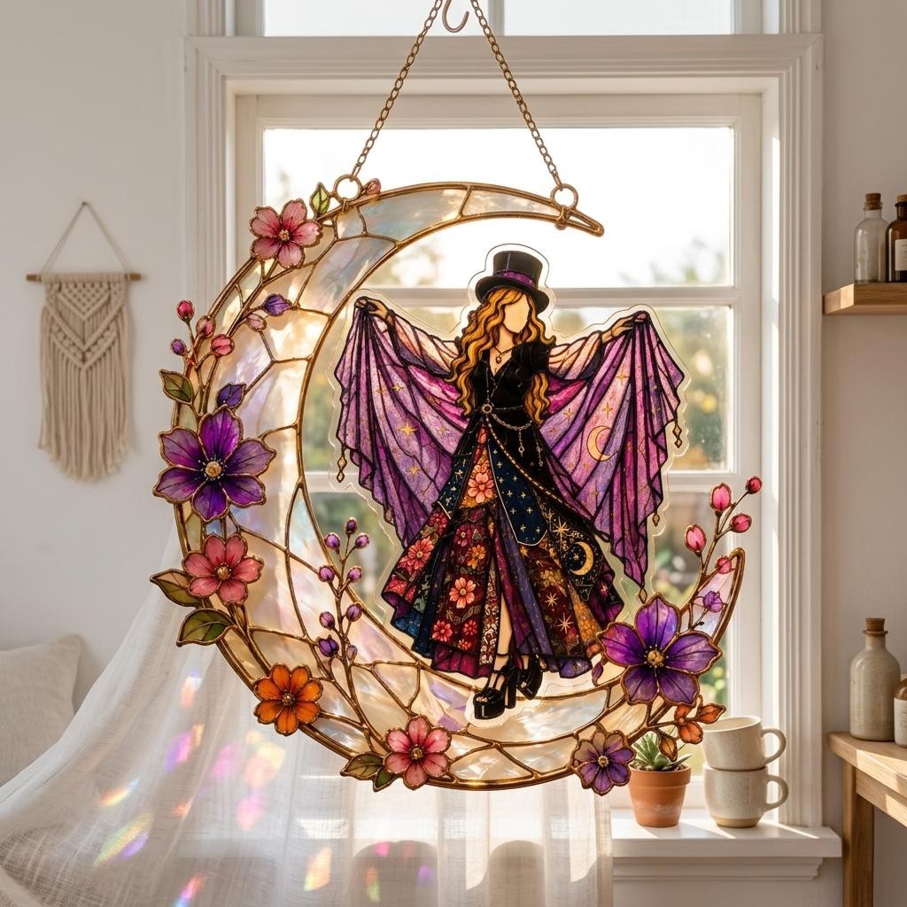 Stevie Nicks Inspired Acrylic Suncatcher, Crescent Moon Floral Window Hanging Stevie Nicks Inspired Acrylic Suncatcher, Crescent Moon Floral Window Hanging