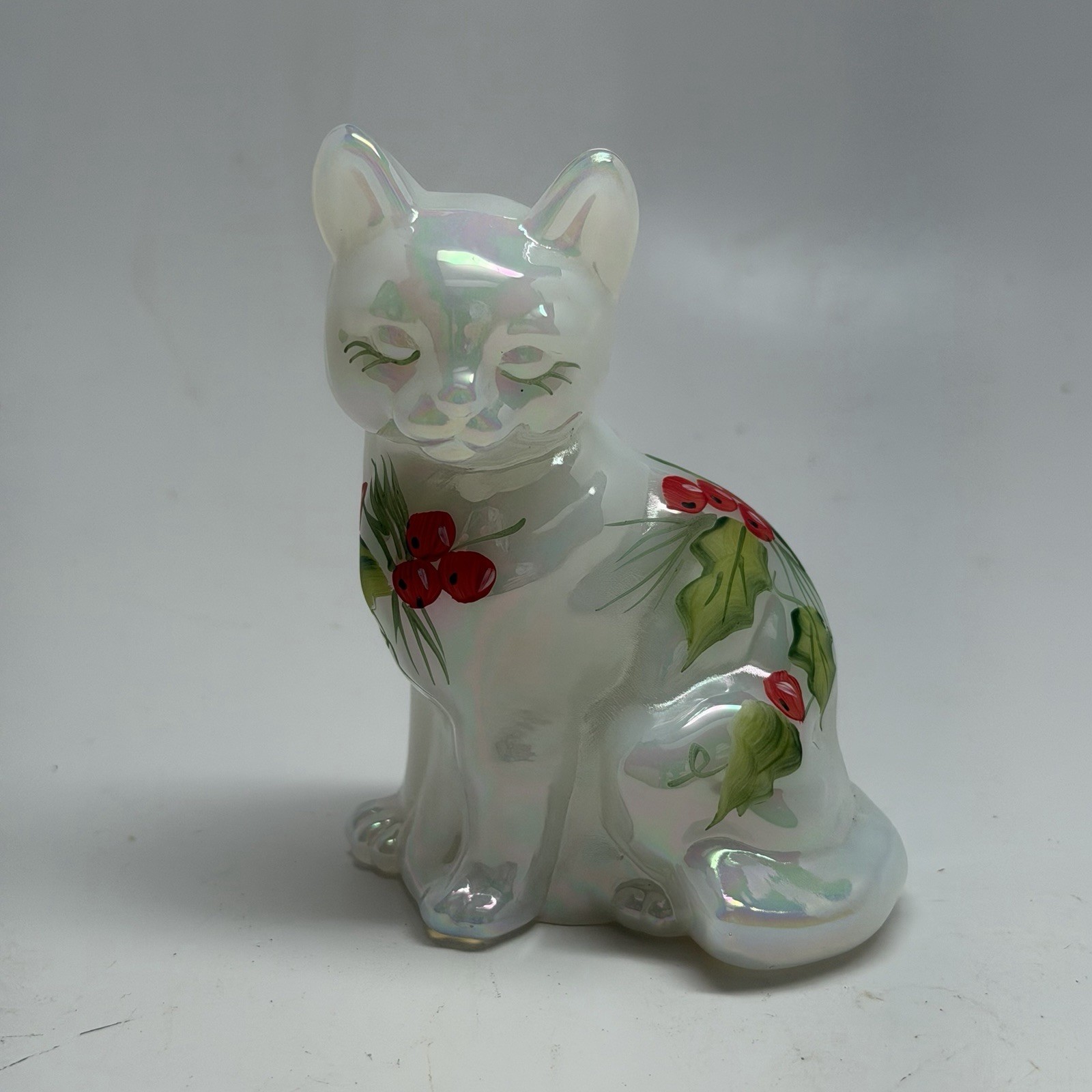 Vintage Fenton Glass White Opalescent Painted Poinsettia Cat Figure- Signed Vintage Fenton Glass White Opalescent Painted Poinsettia Cat Figure- Signed