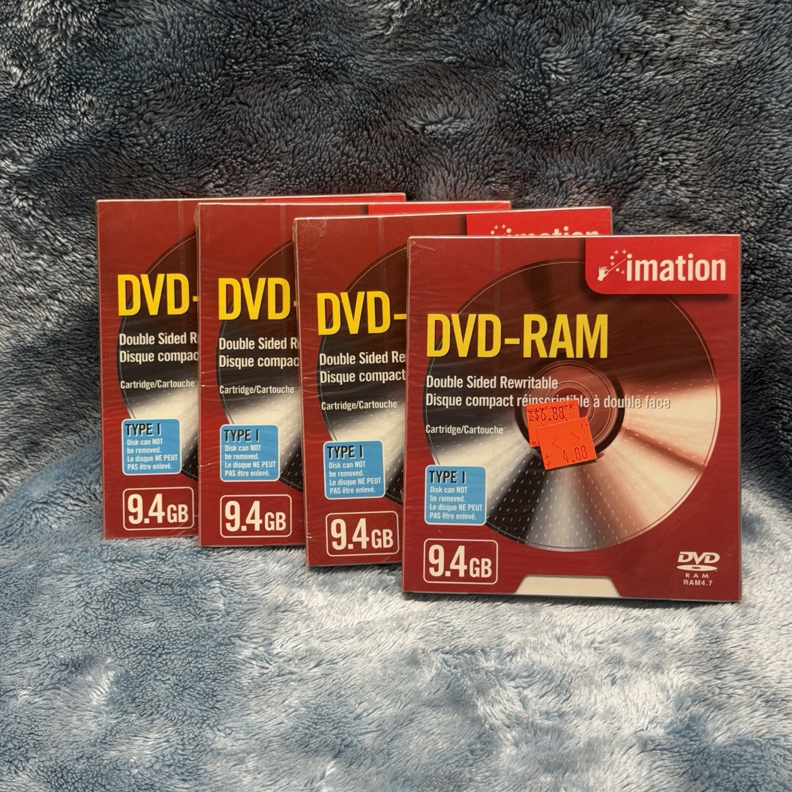 Lot 4 SEALED Memorex DVD-RAM Rewritable Double Sided 9.4GB Type 1 Cartridge Disc Lot 4 SEALED Memorex DVD-RAM Rewritable Double Sided 9.4GB Type 1 Cartridge Disc
